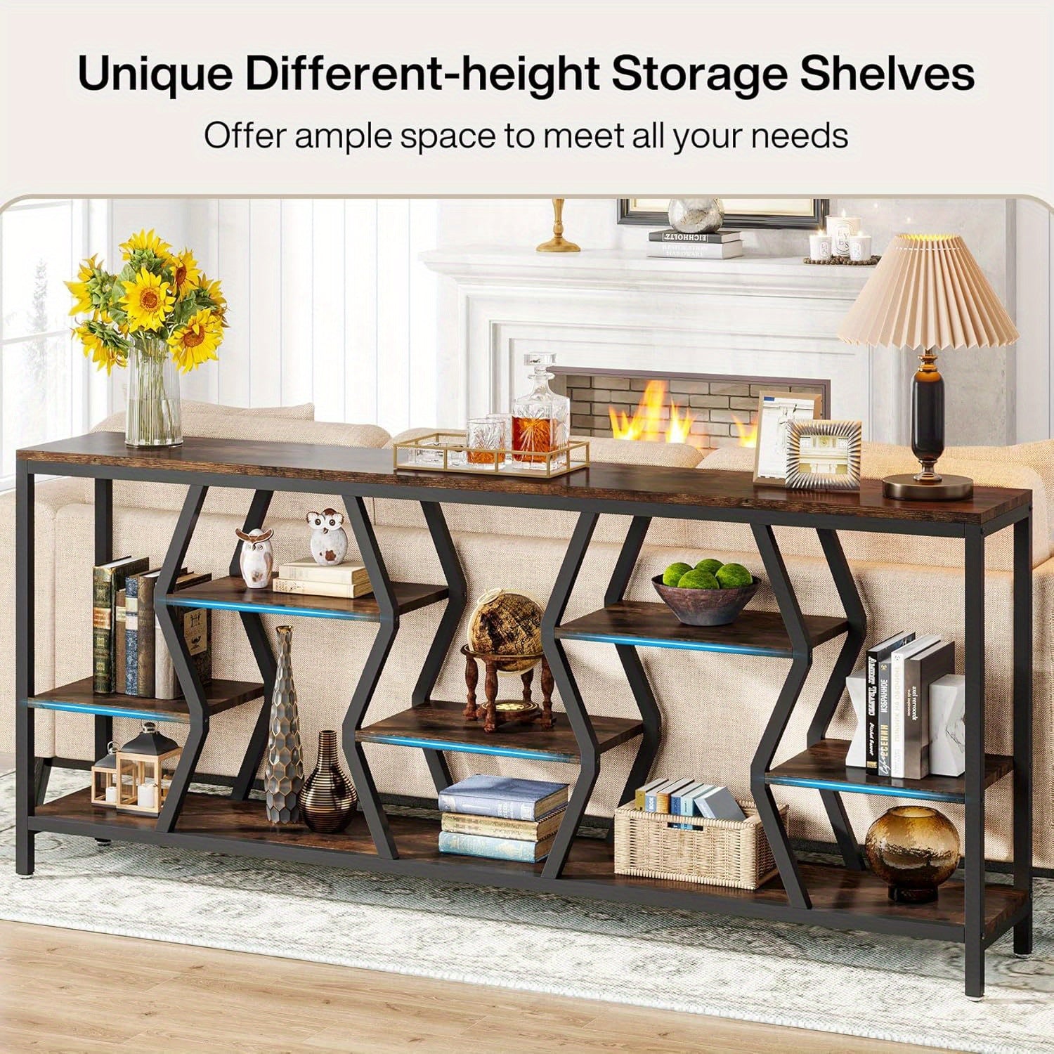 4 Tier Industrial Extra Long Narrow Entryway Accent Tables for Hallway, Living Room, Foyer, 70.9 Inches Sofa Console Table with Wood Storage Shelves