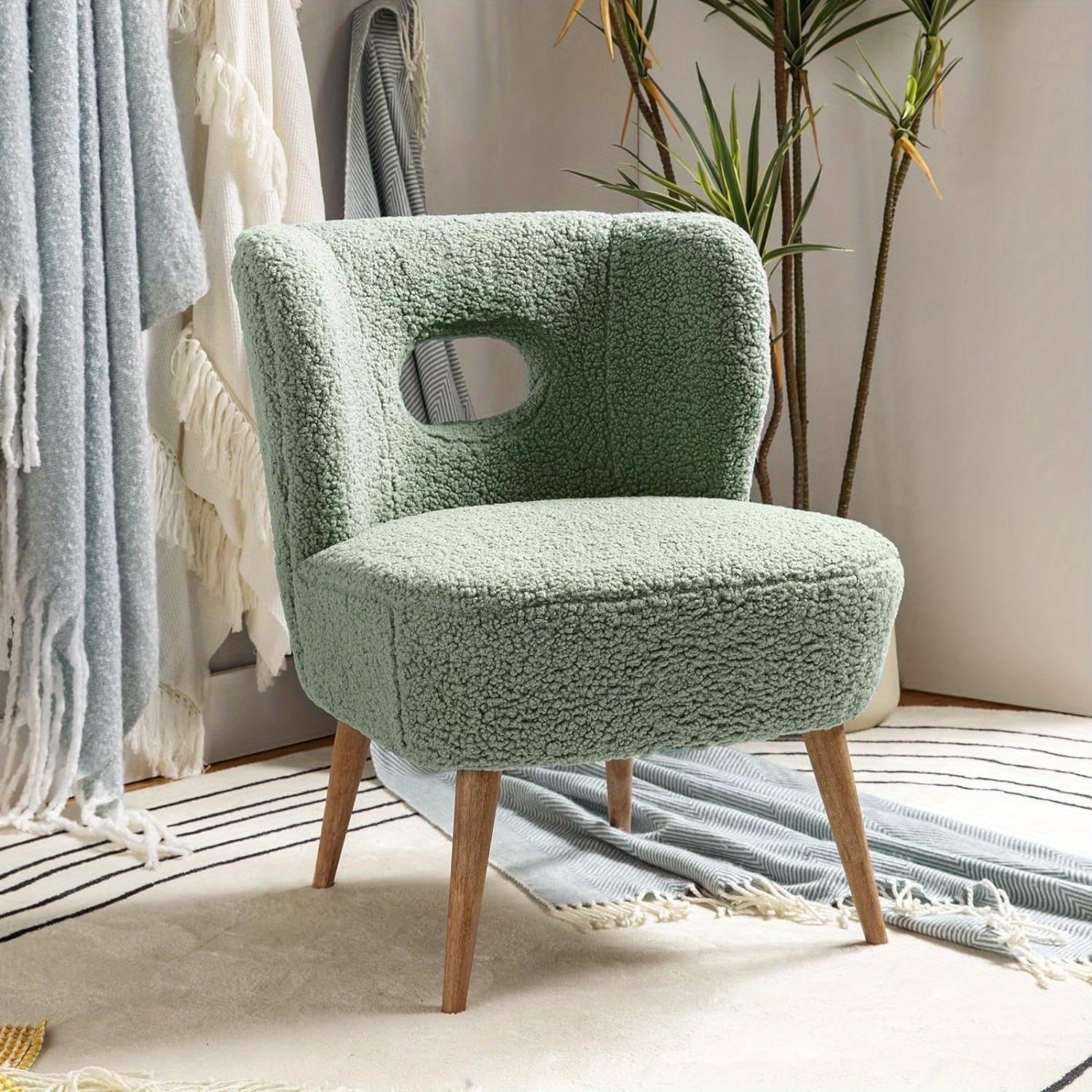 Modern Sherpa Accent Chair with Open Back & Wooden Legs, Upholstered Lamb Fleece Armless Slipper Chair, Comfy Faux Fur Cute Vanity Chair for Living Room Bedroom Office Makeup Room, SAGE