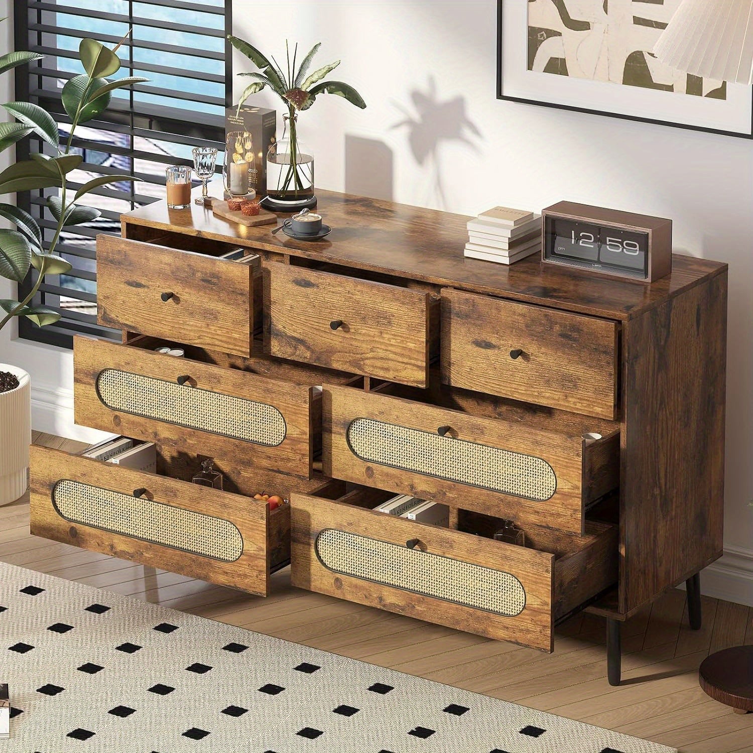 Dresser with 7 Drawers, Chest of Dressers for Bedroom, Chest Storage Organizer Units, Modern Wooden Dresser Chest with Rattan Decoration for Hallway, Entryway, Living Room