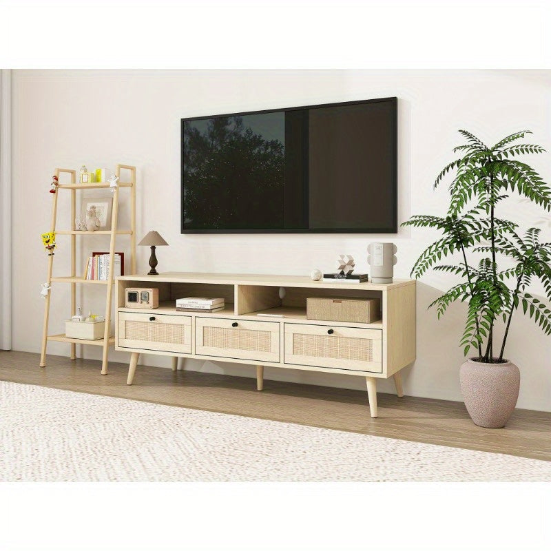 Rattan TV Stand with Solid Wood Feet TV Console Table for Living Room Natural