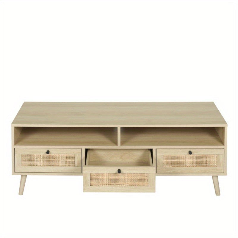 Rattan TV Stand with Solid Wood Feet TV Console Table for Living Room Natural