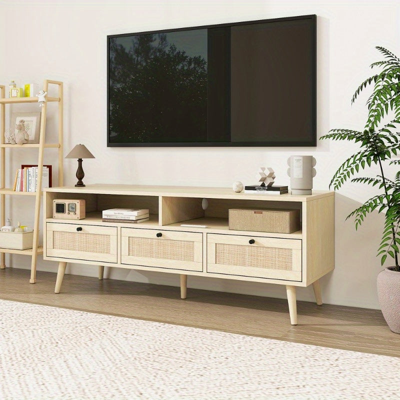 Rattan TV Stand with Solid Wood Feet TV Console Table for Living Room Natural