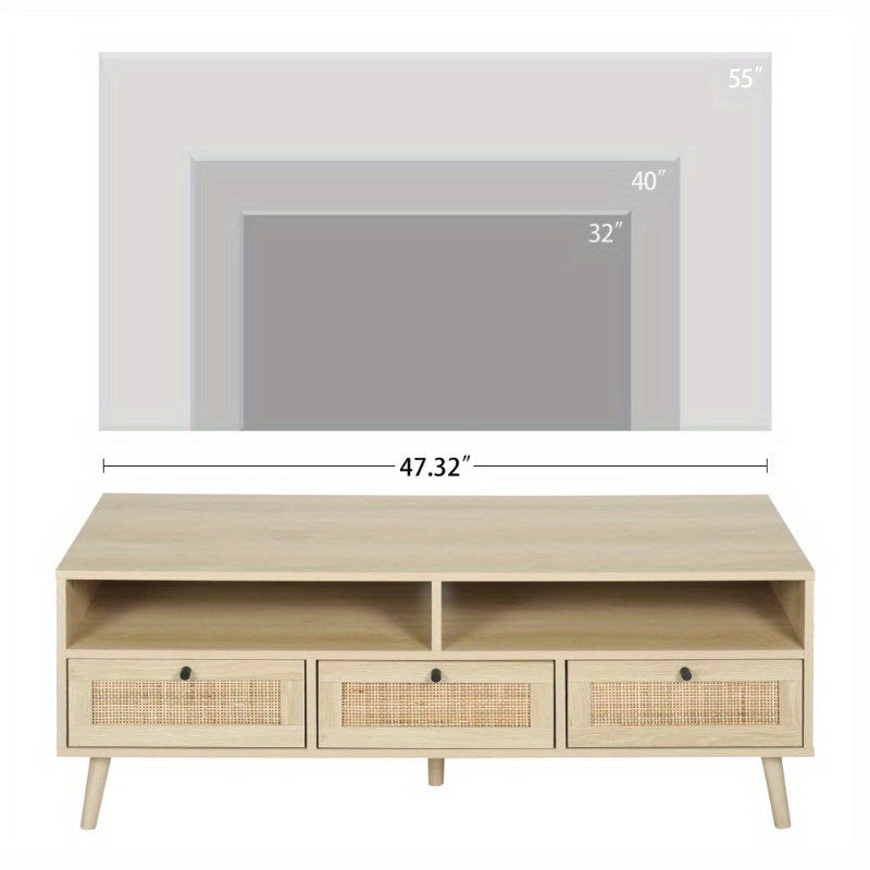 Rattan TV Stand with Solid Wood Feet TV Console Table for Living Room Natural