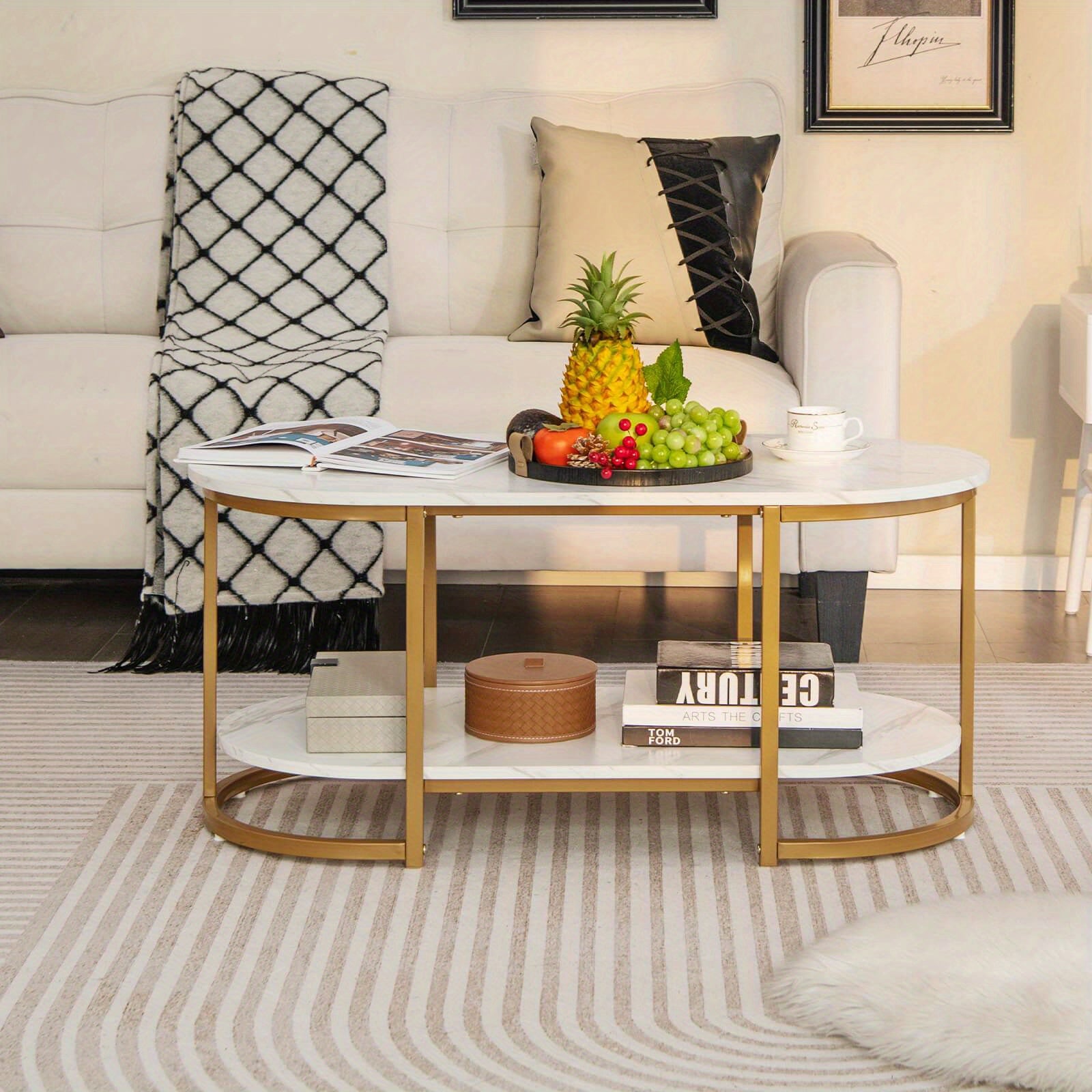 White Marble Coffee Table Modern 2-Tier Center Table with Open Storage Shelf