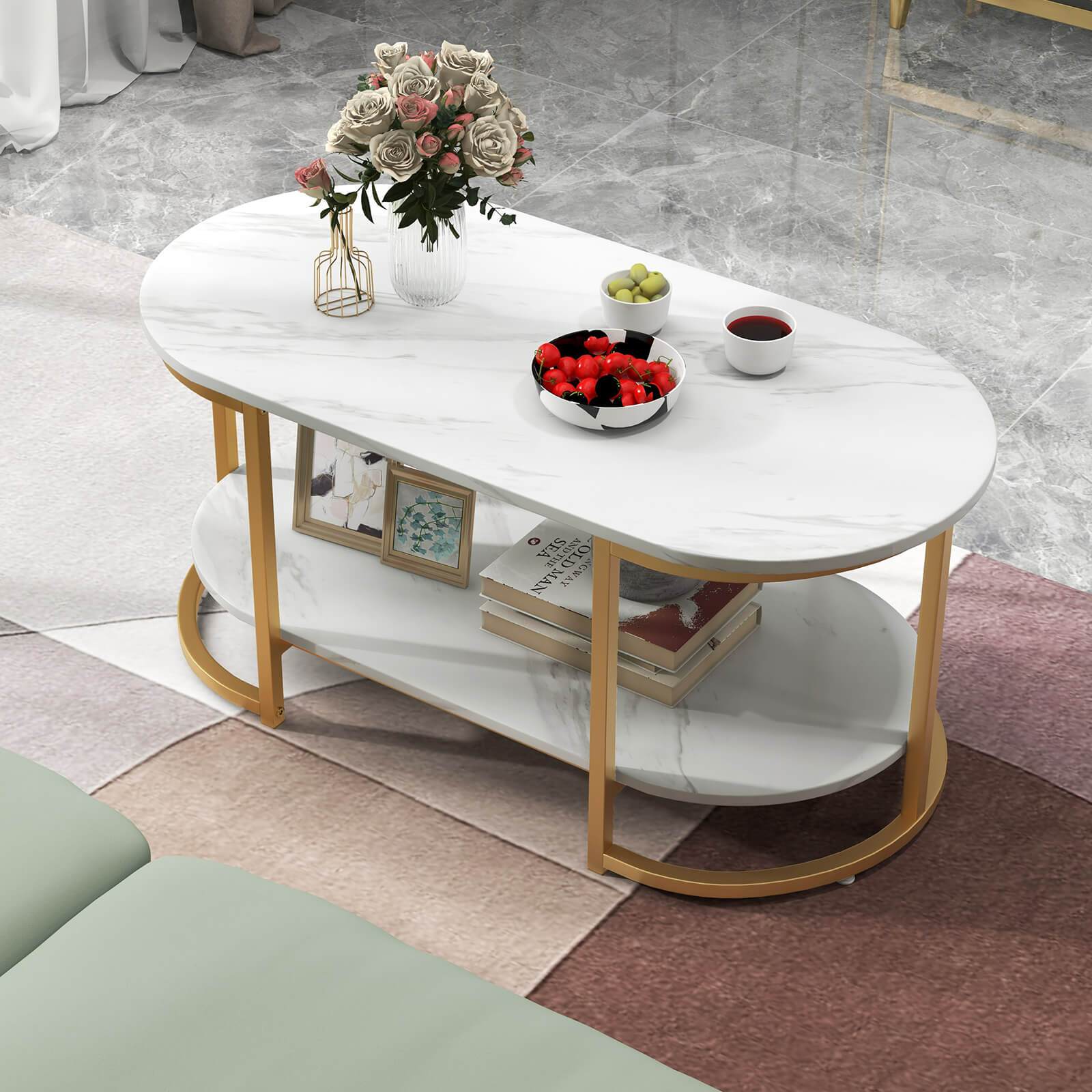 White Marble Coffee Table Modern 2-Tier Center Table with Open Storage Shelf