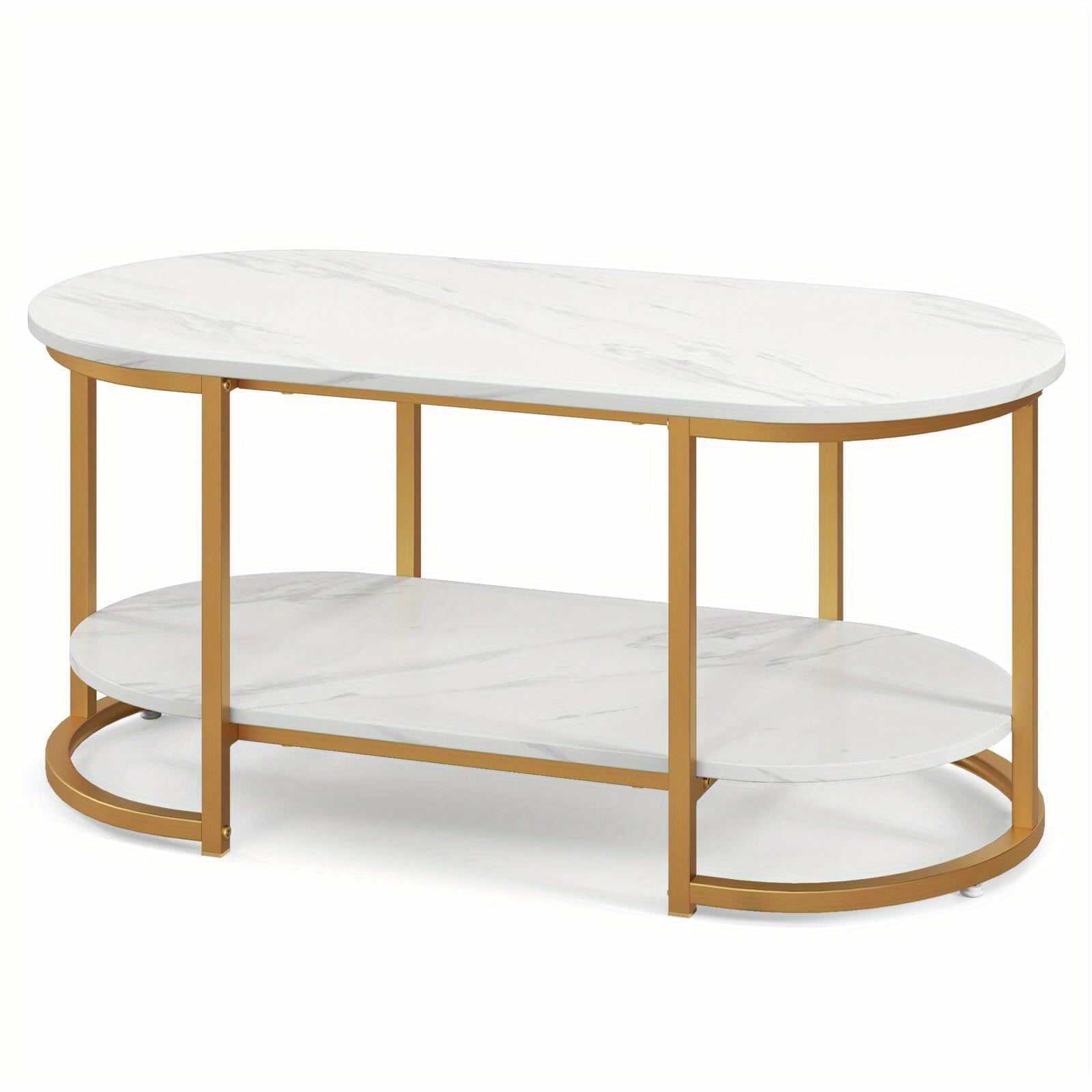 White Marble Coffee Table Modern 2-Tier Center Table with Open Storage Shelf