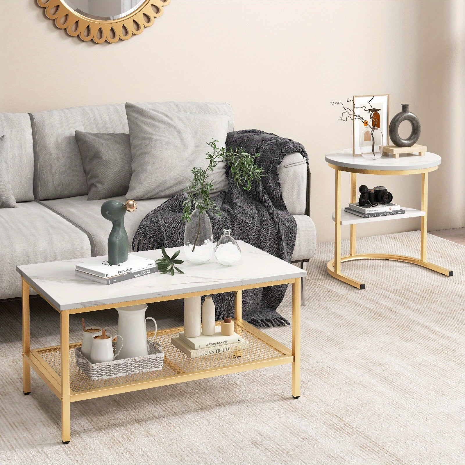 Nesting Coffee Table Set of 2 Faux Marble Top Detachable w/ Storage Shelf Golden