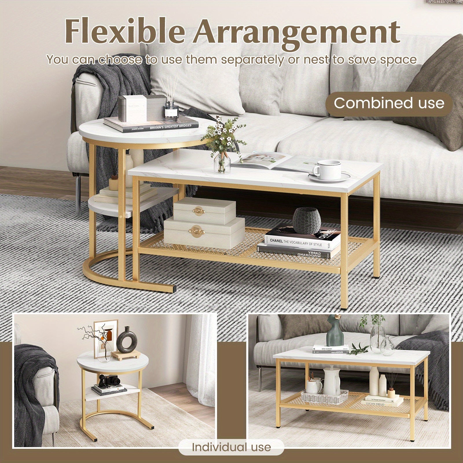 Nesting Coffee Table Set of 2 Faux Marble Top Detachable w/ Storage Shelf Golden