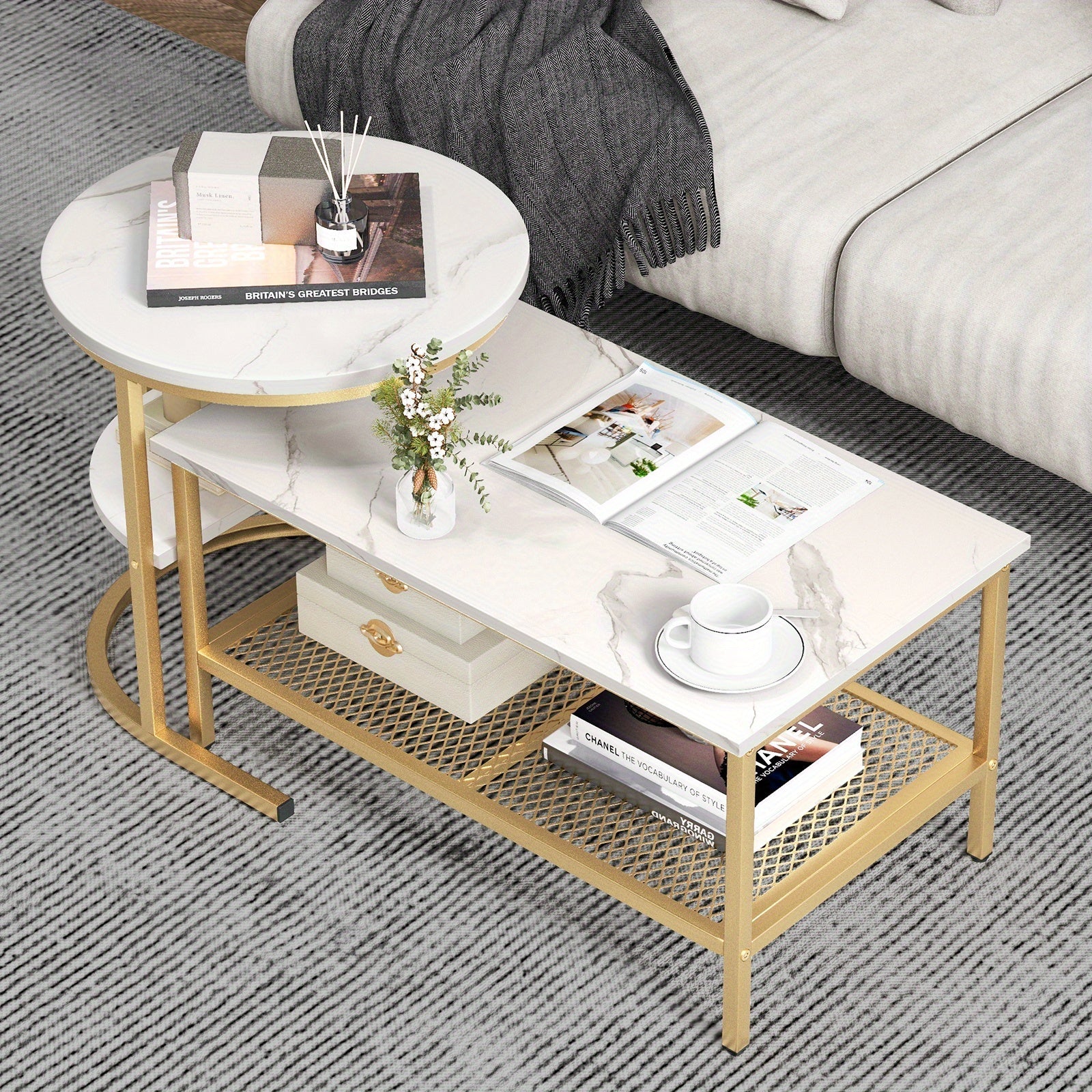 Nesting Coffee Table Set of 2 Faux Marble Top Detachable w/ Storage Shelf Golden