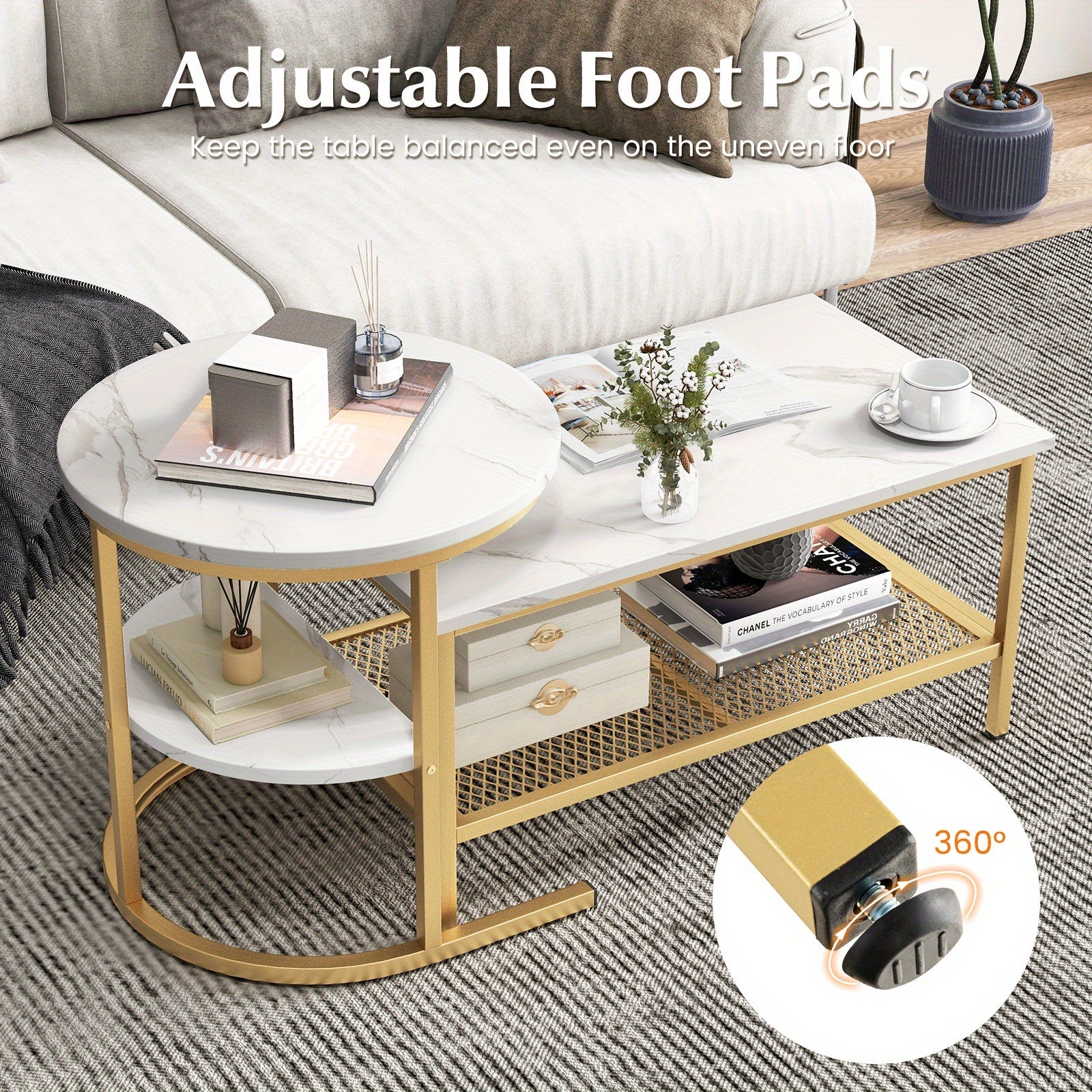 Nesting Coffee Table Set of 2 Faux Marble Top Detachable w/ Storage Shelf Golden