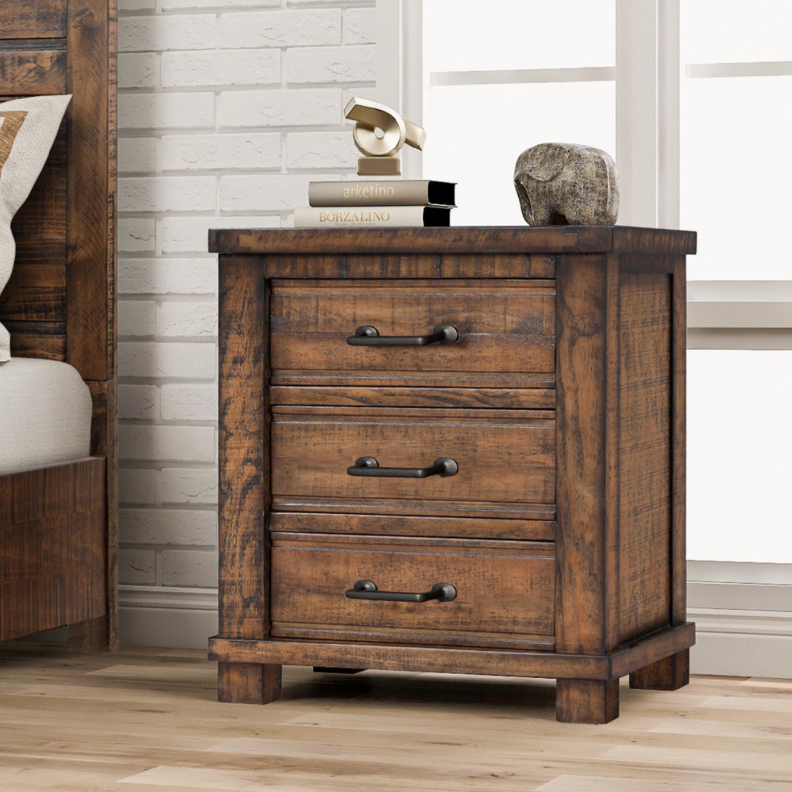 Rustic Three Drawer Reclaimed Solid Wood Framhouse Nightstand