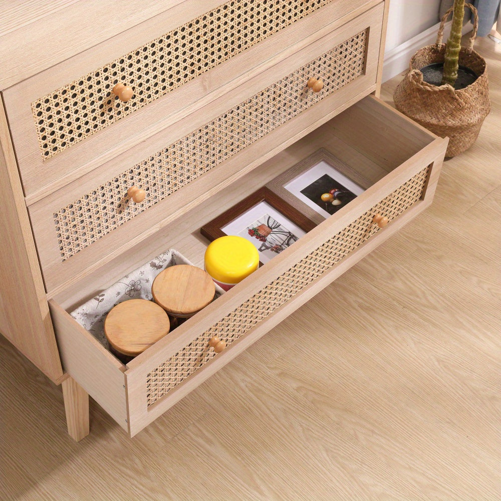 Vintage Inspired Chic 80cm Natural Rattan Storage Cabinet with 3 Deep Drawers - Versatile Organizer for Bedroom Living
