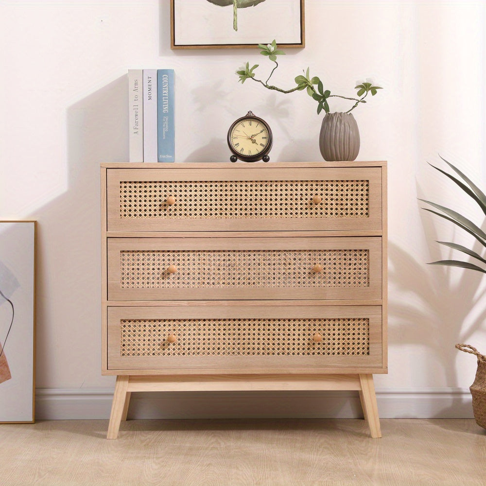 Vintage Inspired Chic 80cm Natural Rattan Storage Cabinet with 3 Deep Drawers - Versatile Organizer for Bedroom Living