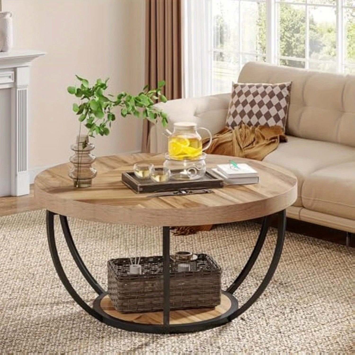 Modern 2-Tier Center Table, Round Coffee Table with Storage Open Shelves, Wooden Circle Coffee Table Sofa Side Table with Metal Legs for Living Room