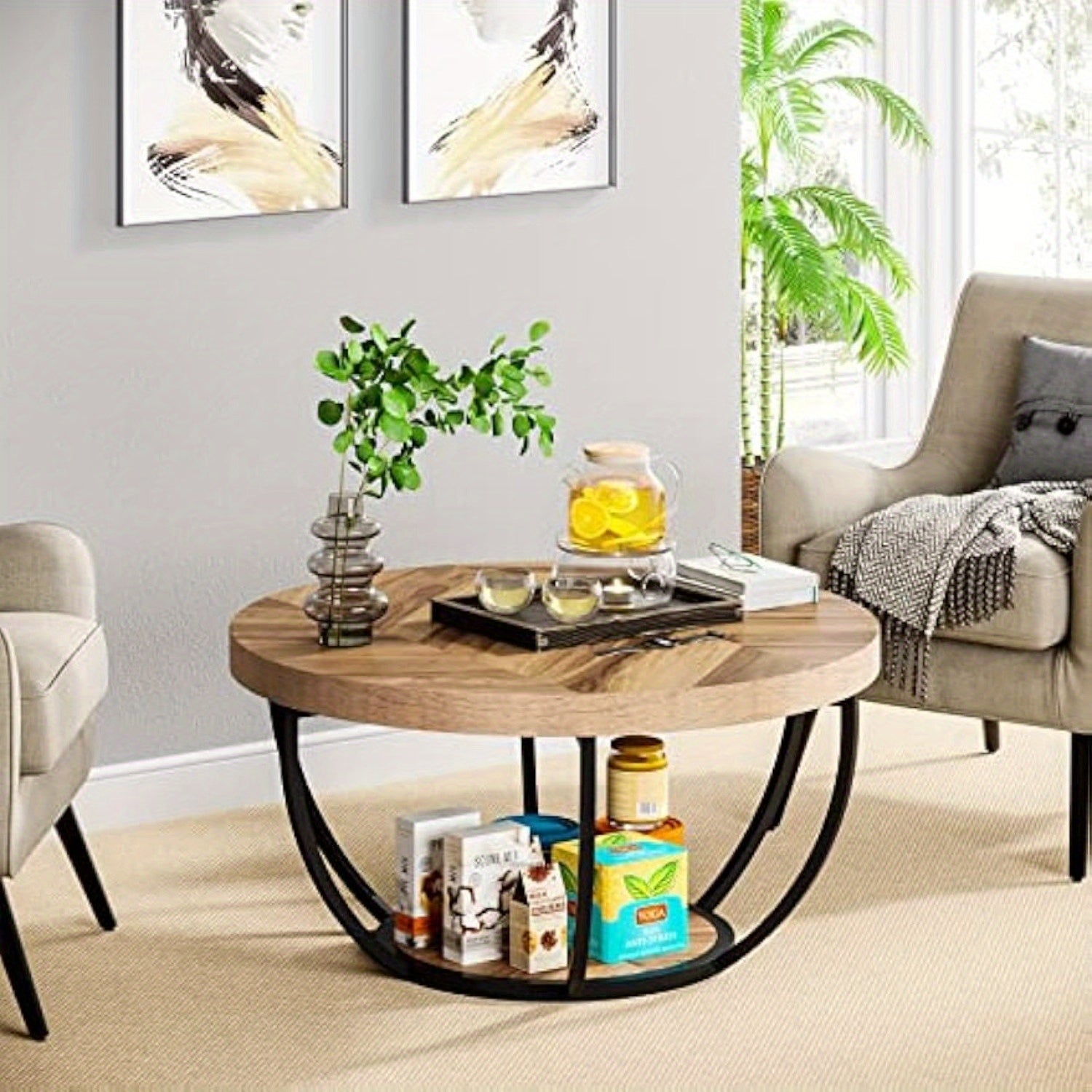 Modern 2-Tier Center Table, Round Coffee Table with Storage Open Shelves, Wooden Circle Coffee Table Sofa Side Table with Metal Legs for Living Room