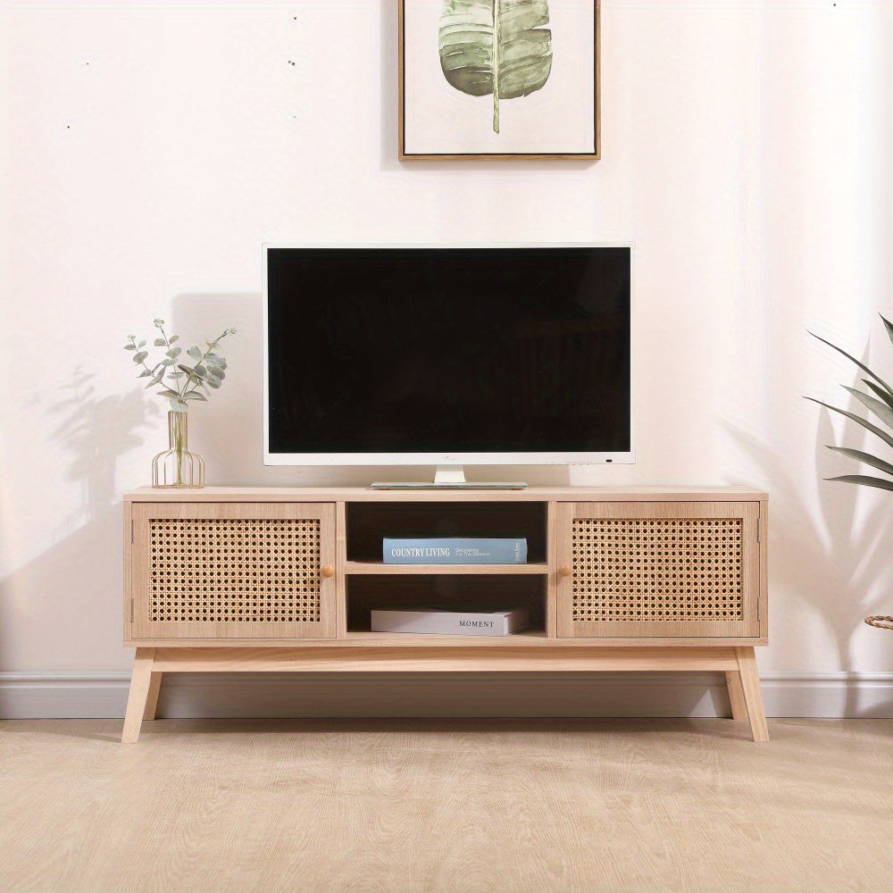 Boho TV Stand for 55 Inch TV, Entertainment Center with Adjustable Shelf, Real Rattan TV Console with 2 Cabinets, Media Console, Solid Wood Feet, 2 Cord Holes, for Living Room - Natural