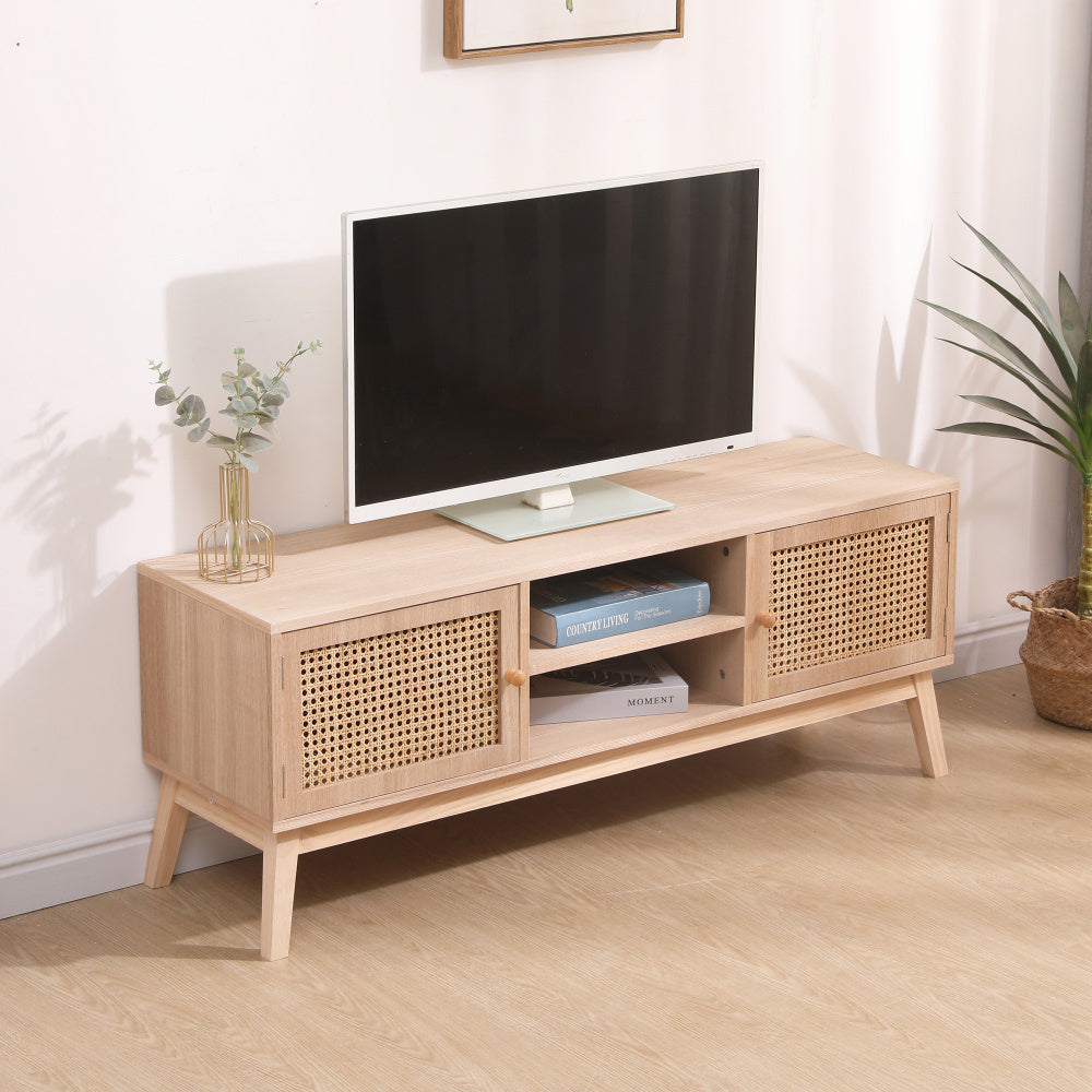 Boho TV Stand for 55 Inch TV, Entertainment Center with Adjustable Shelf, Real Rattan TV Console with 2 Cabinets, Media Console, Solid Wood Feet, 2 Cord Holes, for Living Room - Natural