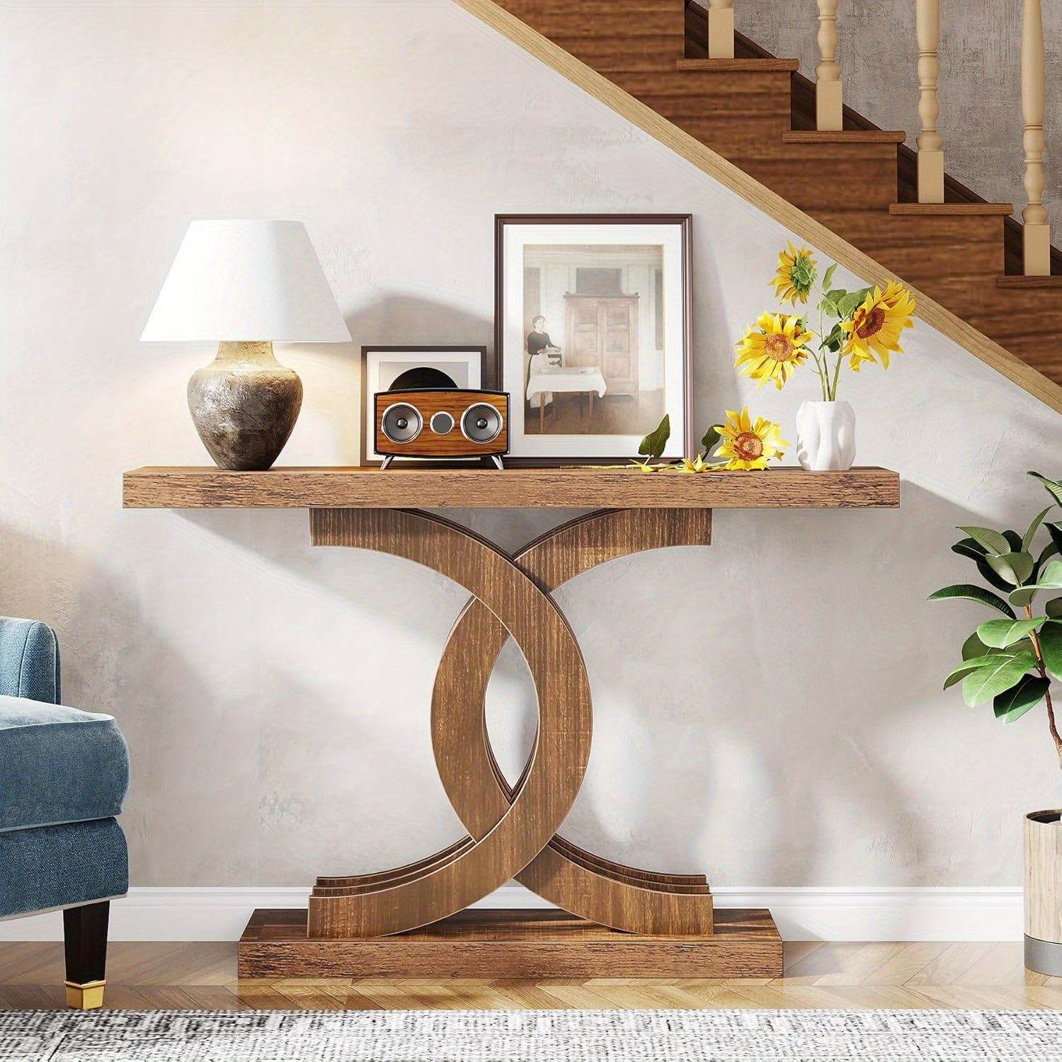 Farmhouse Console Tables for Entryway, Modern 39-inch Entryway Table with Geometric Base, Wooden & Metal Hallway Table/Narrow Sofa Table/Accent Table for Entrance, Living Room, Bedroom, Standing Shelf