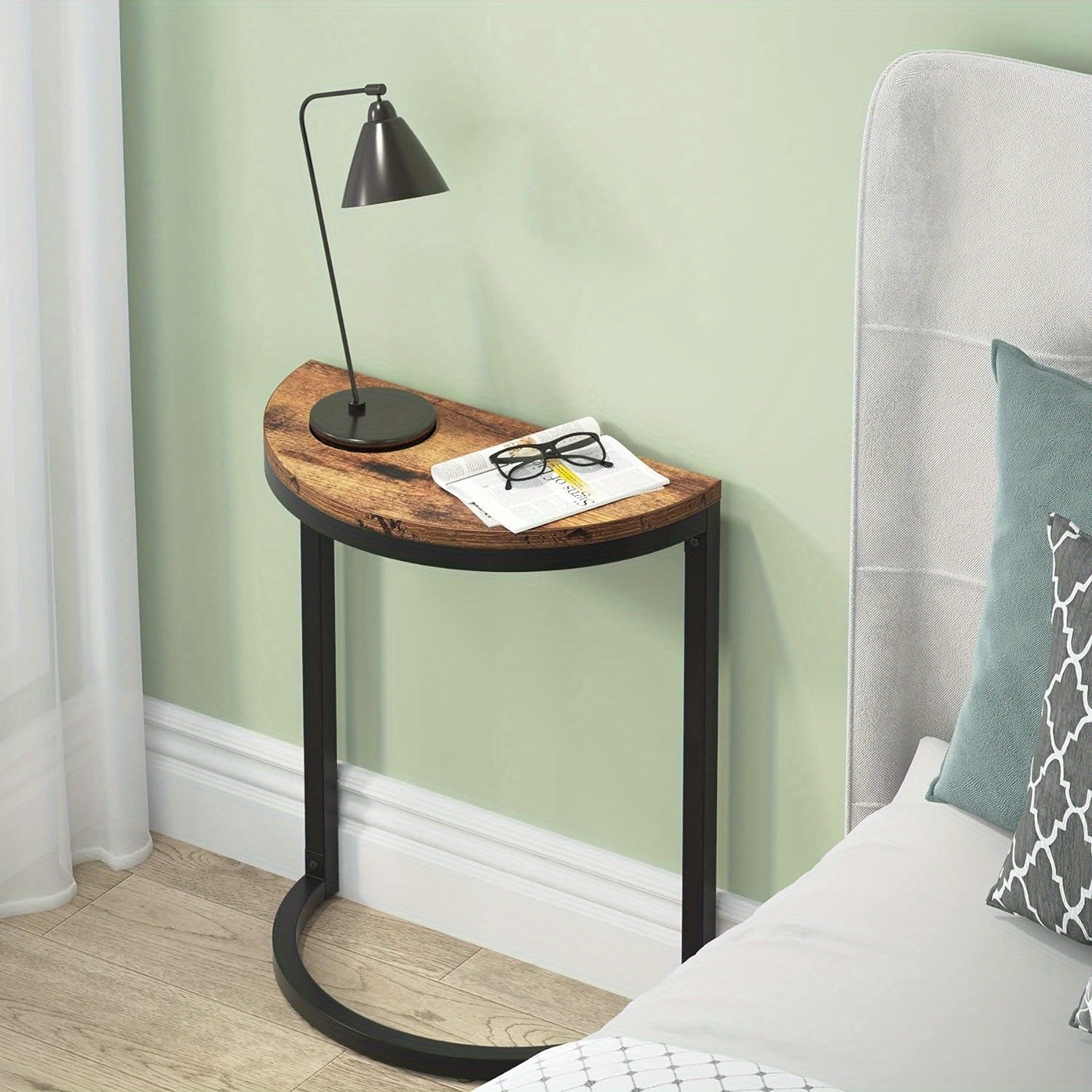 End Table Semi Circle, A Small Half Round Side Table Featuring A Metal Frame And Wood Accent. This Slim C Table Is Perfect For Sofa Couch Placement In The Living Room. Its Design Ensures Easy Assembly