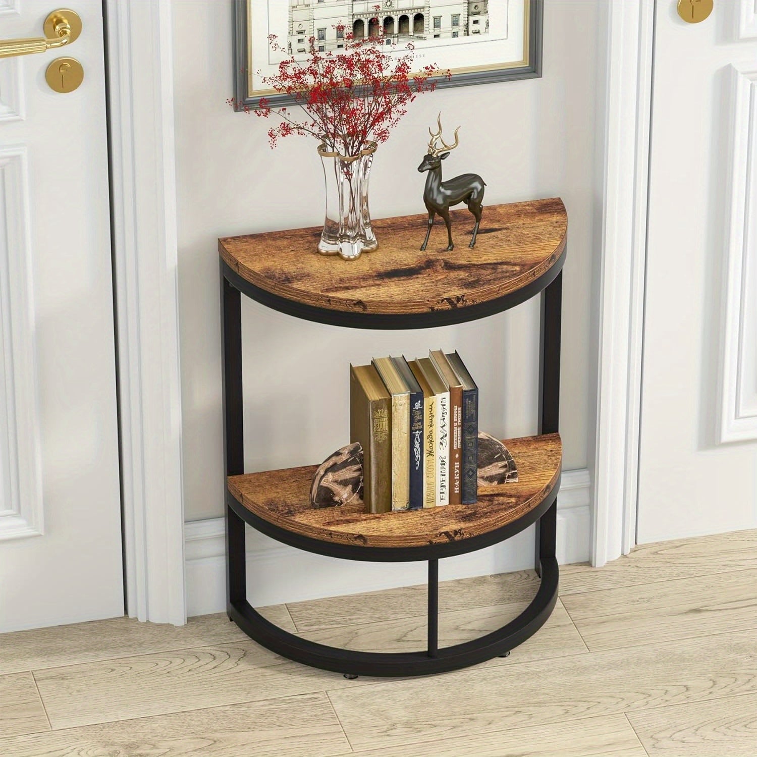 End Table Semi Circle, A Small Half Round Side Table Featuring A Metal Frame And Wood Accent. This Slim C Table Is Perfect For Sofa Couch Placement In The Living Room. Its Design Ensures Easy Assembly