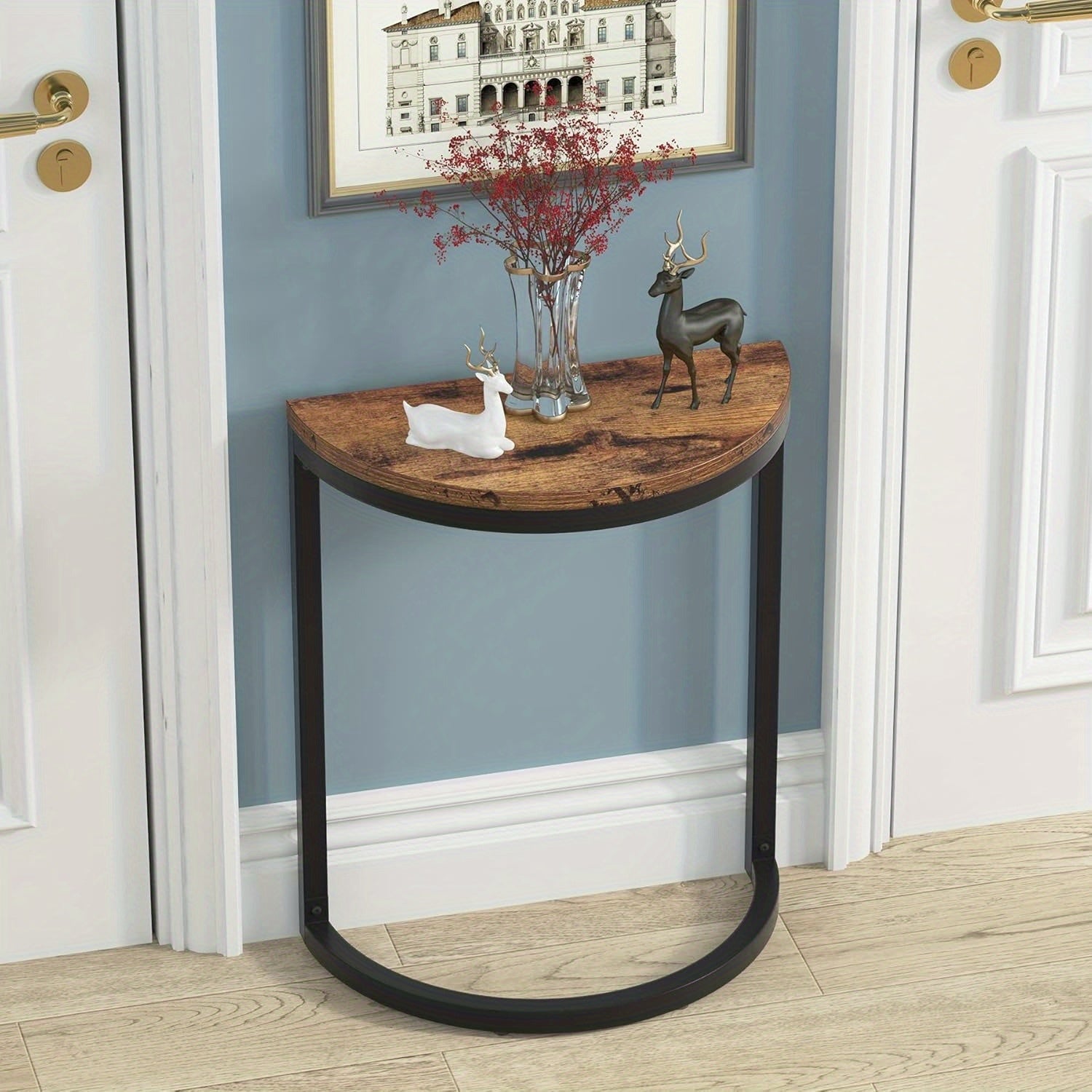 End Table Semi Circle, A Small Half Round Side Table Featuring A Metal Frame And Wood Accent. This Slim C Table Is Perfect For Sofa Couch Placement In The Living Room. Its Design Ensures Easy Assembly