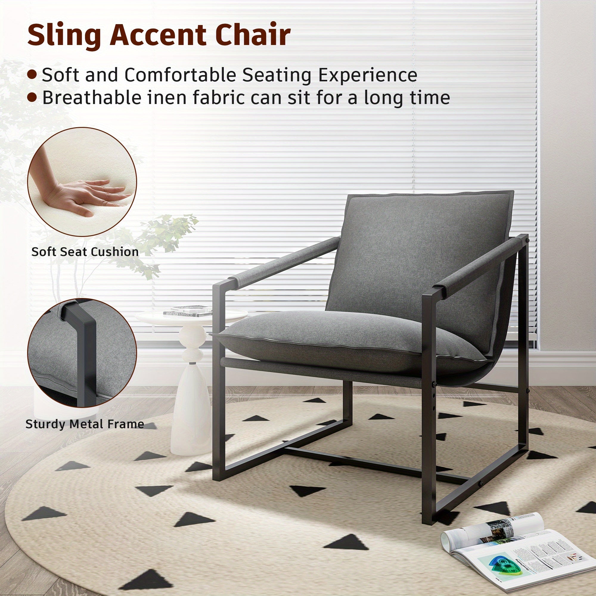 Sling Accent Chair Indoor, Modern Chairs with 2 Removable Soft Cushion, Comfy Metal Framed Armchair and Seat Cushion Sofa Chairs for Living Room Bedroom Office