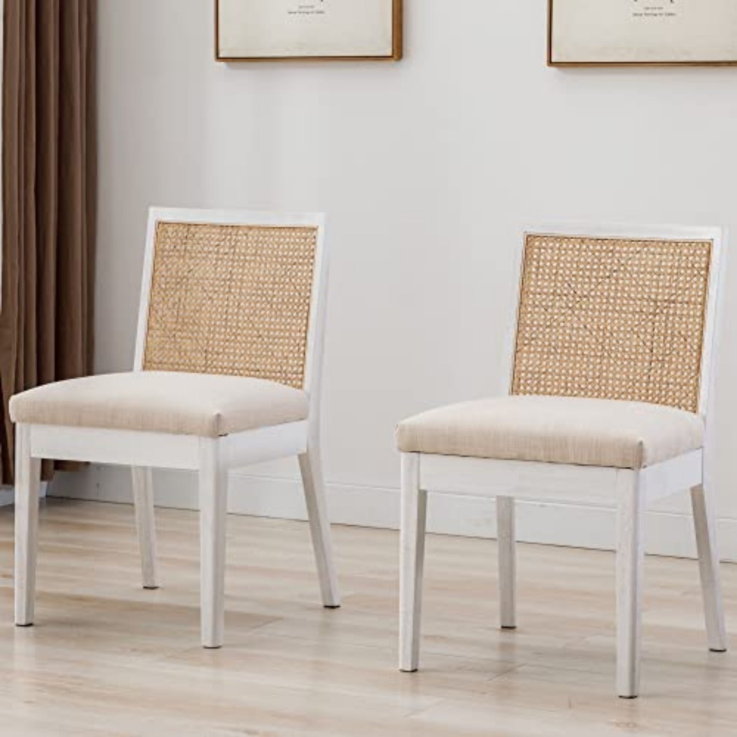 2 Pcs Modern Minimalist Reception Chairs, Cushioned Dining Chairs With Square Rattan Backrests, Armless Linen Cushioned Dining Chairs With Wooden Legs, Suitable For Restaurants/ Kitchens/ Offices