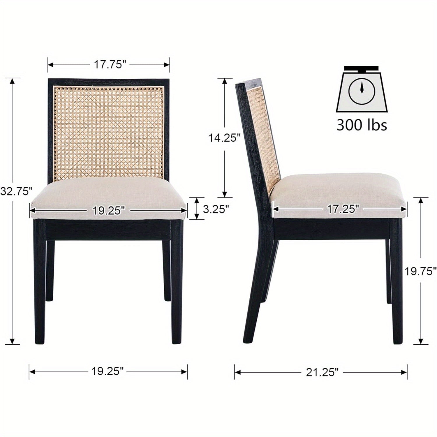 2 Pcs Modern Minimalist Reception Chairs, Cushioned Dining Chairs With Square Rattan Backrests, Armless Linen Cushioned Dining Chairs With Wooden Legs, Suitable For Restaurants/ Kitchens/ Offices