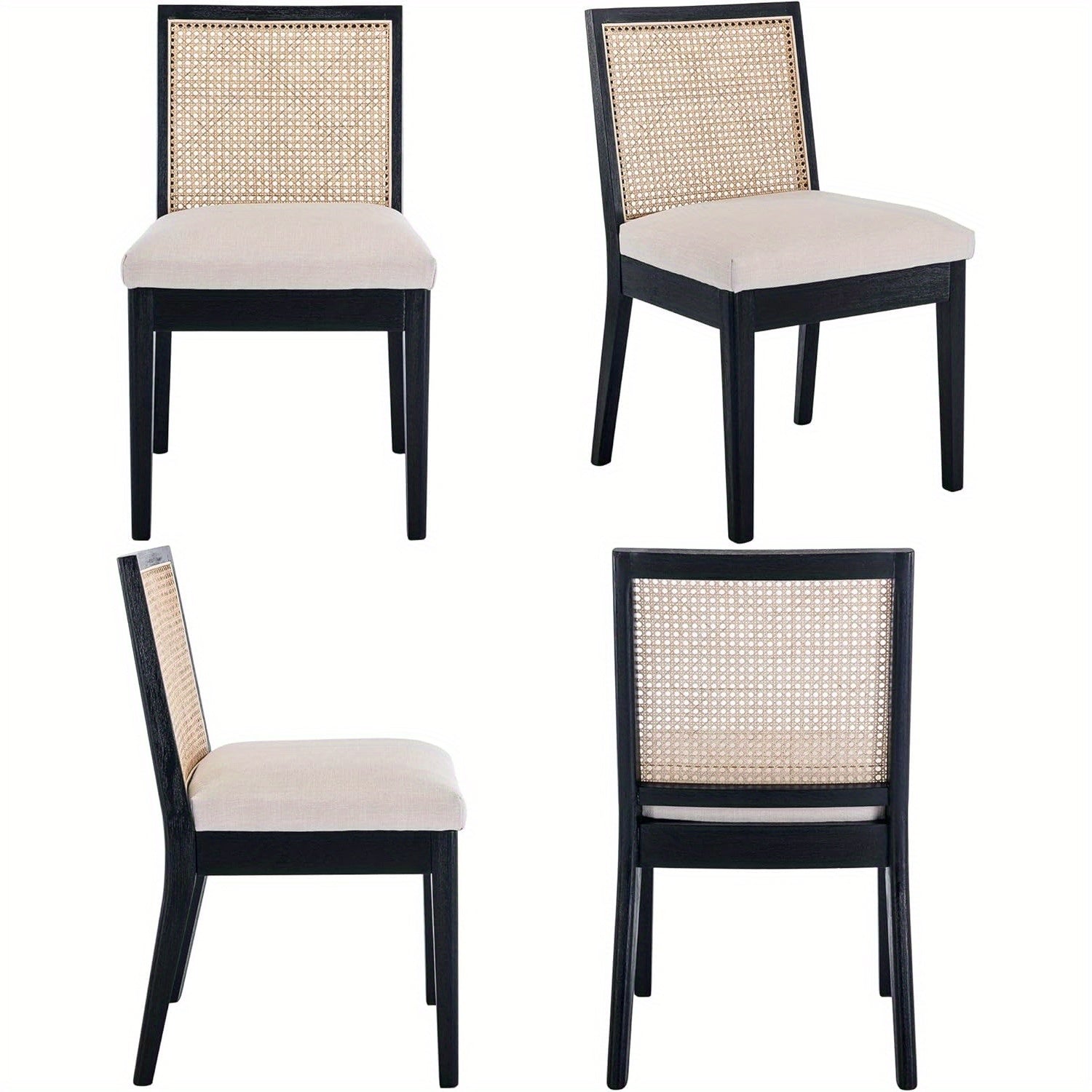 2 Pcs Modern Minimalist Reception Chairs, Cushioned Dining Chairs With Square Rattan Backrests, Armless Linen Cushioned Dining Chairs With Wooden Legs, Suitable For Restaurants/ Kitchens/ Offices