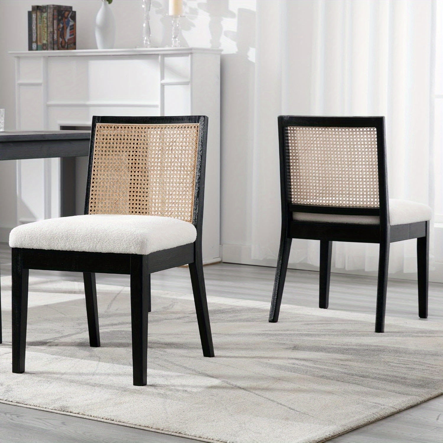 2 Pcs Modern Minimalist Reception Chairs, Cushioned Dining Chairs With Square Rattan Backrests, Armless Linen Cushioned Dining Chairs With Wooden Legs, Suitable For Restaurants/ Kitchens/ Offices