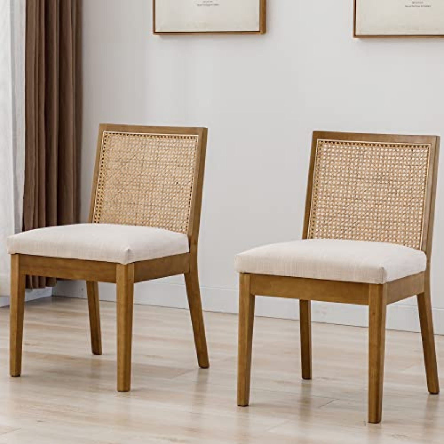 2 Pcs Modern Minimalist Reception Chairs, Cushioned Dining Chairs With Square Rattan Backrests, Armless Linen Cushioned Dining Chairs With Wooden Legs, Suitable For Restaurants/ Kitchens/ Offices