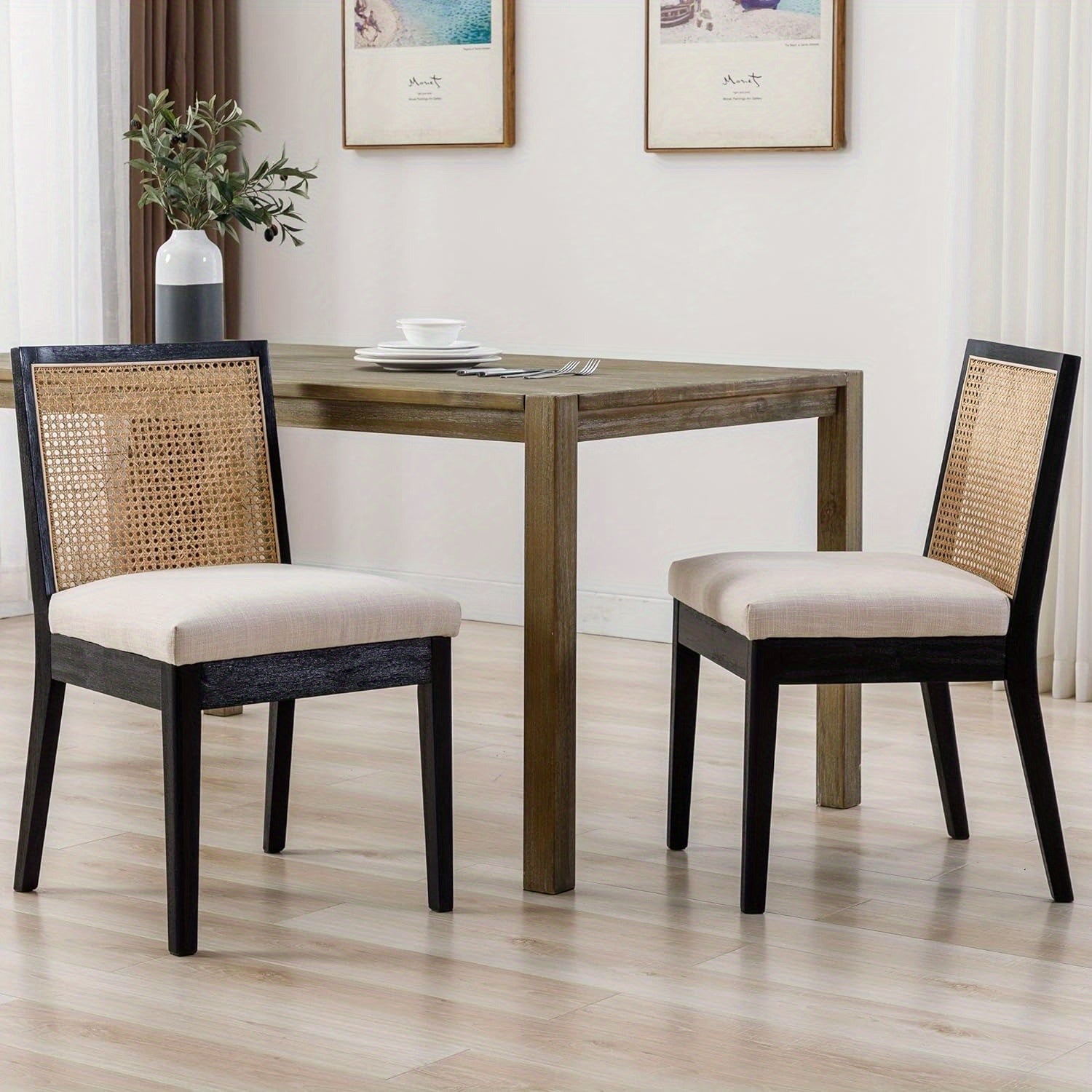 2 Pcs Modern Minimalist Reception Chairs, Cushioned Dining Chairs With Square Rattan Backrests, Armless Linen Cushioned Dining Chairs With Wooden Legs, Suitable For Restaurants/ Kitchens/ Offices