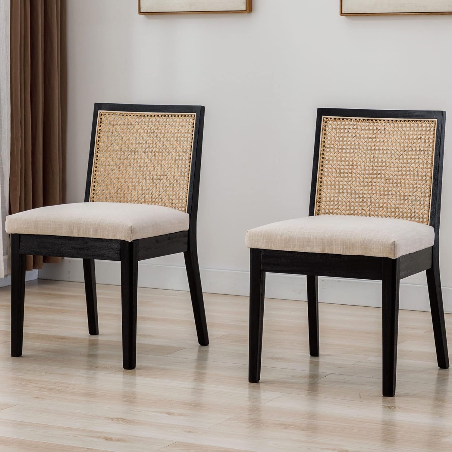 2 Pcs Modern Minimalist Reception Chairs, Cushioned Dining Chairs With Square Rattan Backrests, Armless Linen Cushioned Dining Chairs With Wooden Legs, Suitable For Restaurants/ Kitchens/ Offices