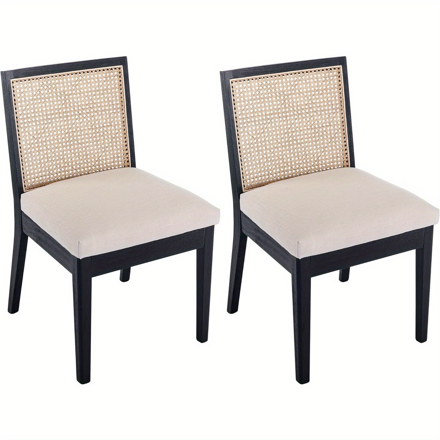 2 Pcs Modern Minimalist Reception Chairs, Cushioned Dining Chairs With Square Rattan Backrests, Armless Linen Cushioned Dining Chairs With Wooden Legs, Suitable For Restaurants/ Kitchens/ Offices