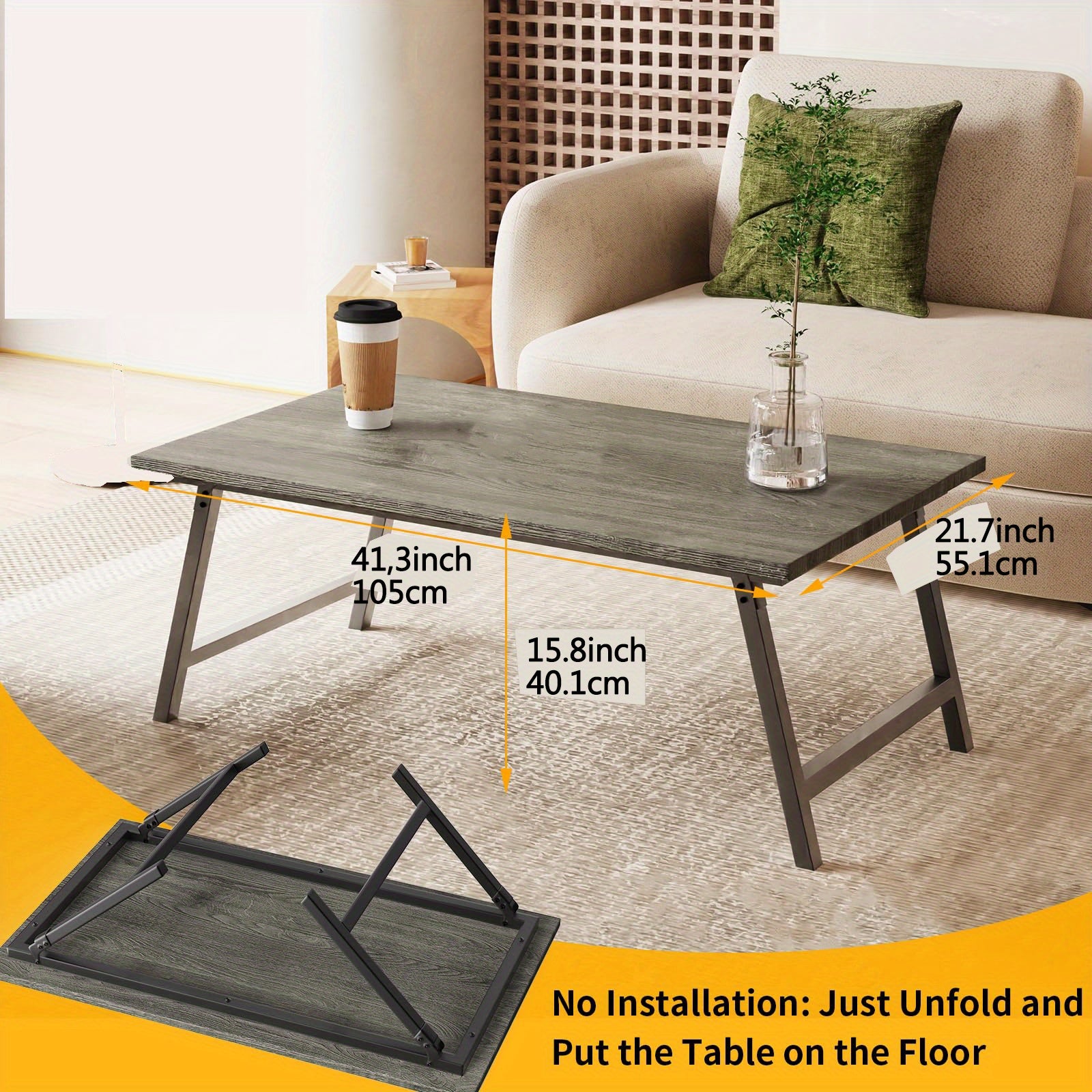 Folding Coffee Table, Portable Wood Low Table with Metal Legs, No Assembly Required, Small Foldable Floor Desk for Tea Room/ Living Room/ Small Spaces