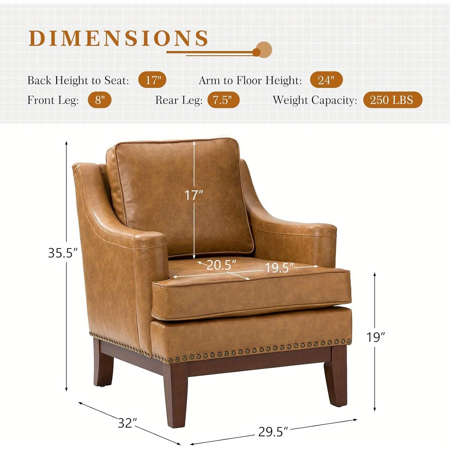 Faux Leather Accent Chair, Comfy Upholstered Armchair for Living Room Bedroom, Traditional Single Sofa Chair with Removable Backrest Cushion, Camel