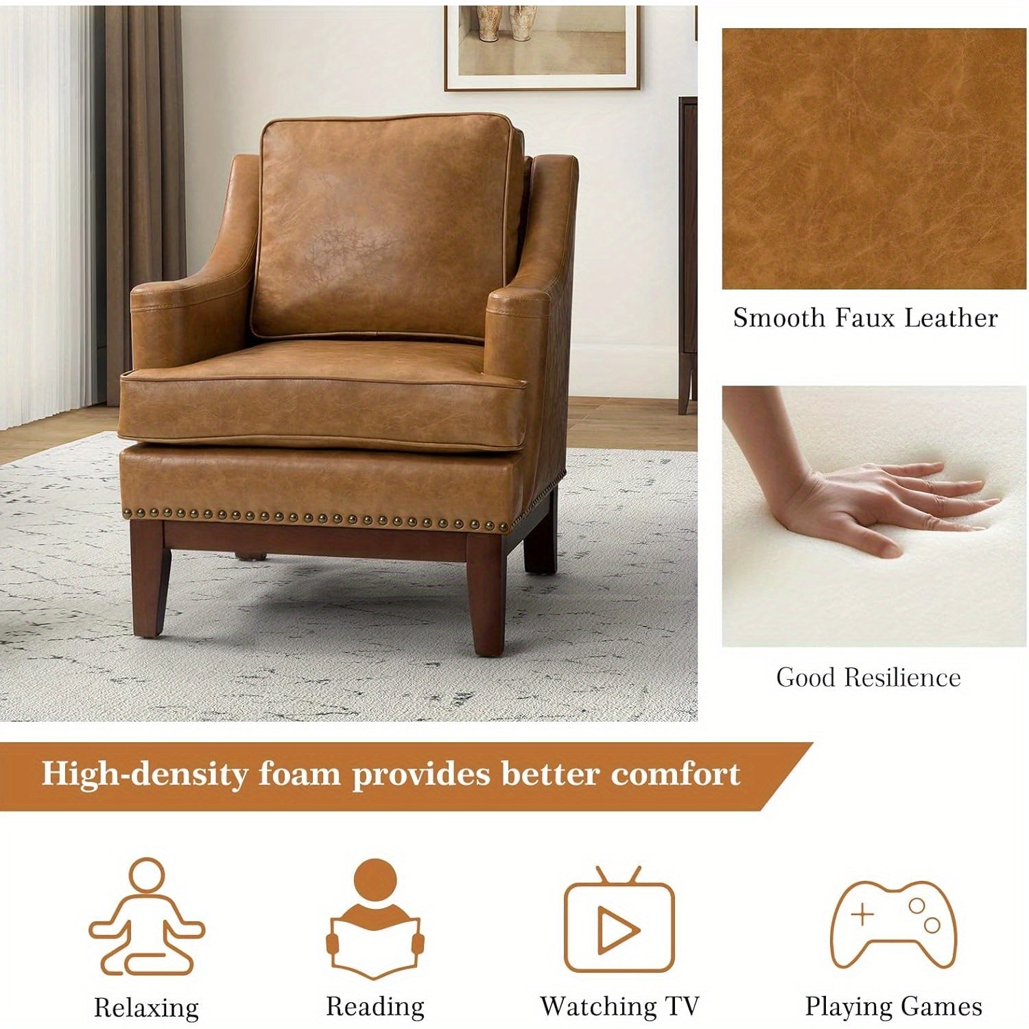 Faux Leather Accent Chair, Comfy Upholstered Armchair for Living Room Bedroom, Traditional Single Sofa Chair with Removable Backrest Cushion, Camel