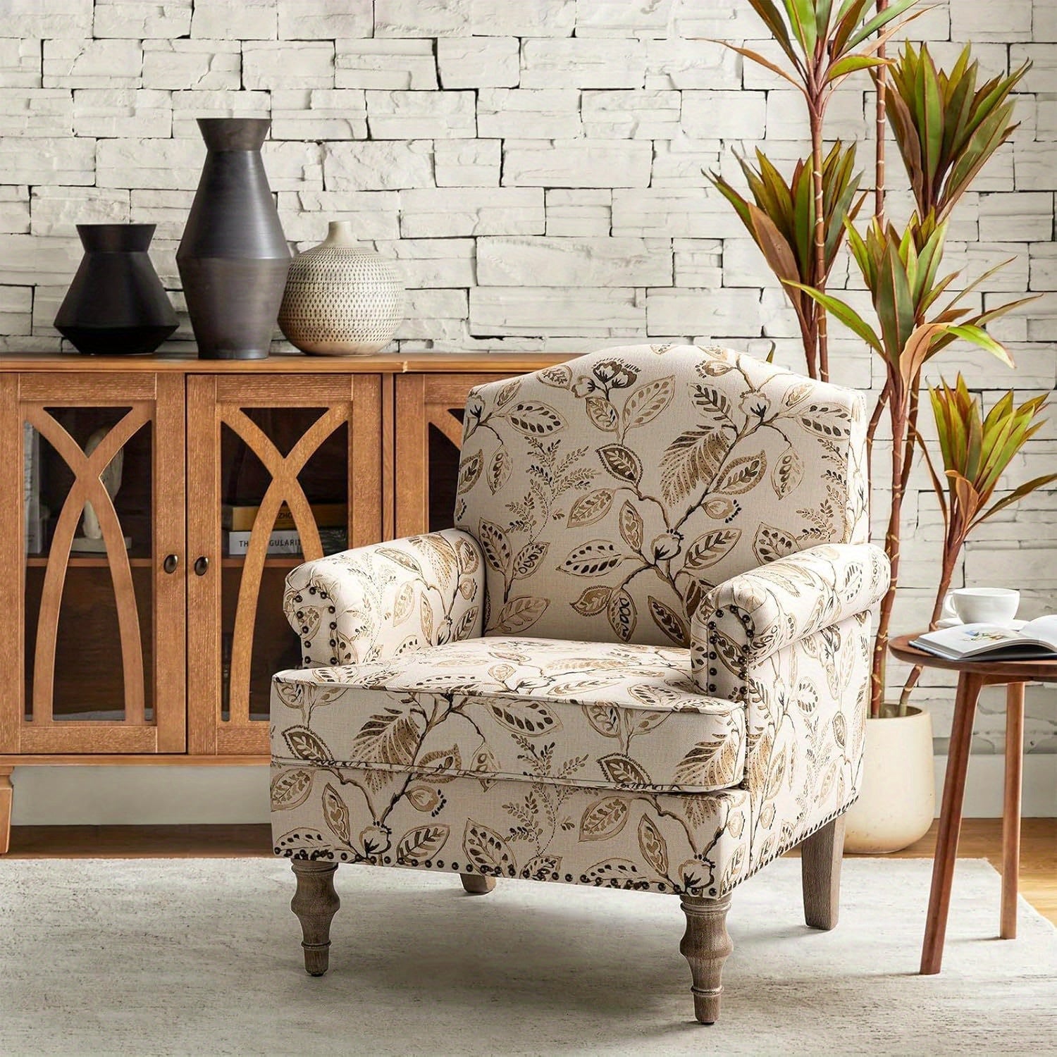 Accent Armchair with Print Floral Pattern, Comfy Upholstered Living Room Accent Chair with Retro Wooden Legs & Nailhead Trim, Fabric Sofa Chair Reading Chair for Office Bedroom, Floral Gingen