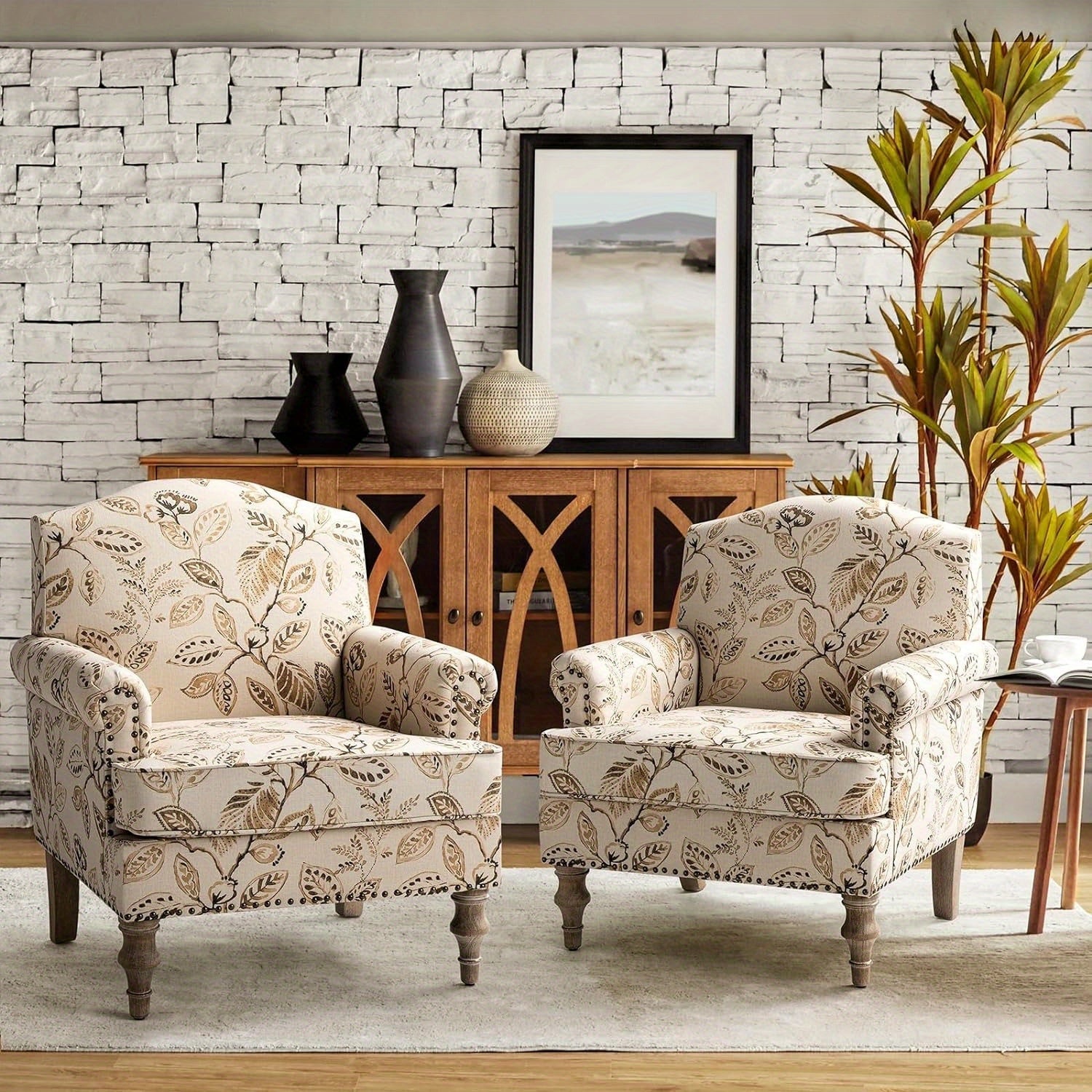 Accent Armchair with Print Floral Pattern, Comfy Upholstered Living Room Accent Chair with Retro Wooden Legs & Nailhead Trim, Fabric Sofa Chair Reading Chair for Office Bedroom, Floral Gingen