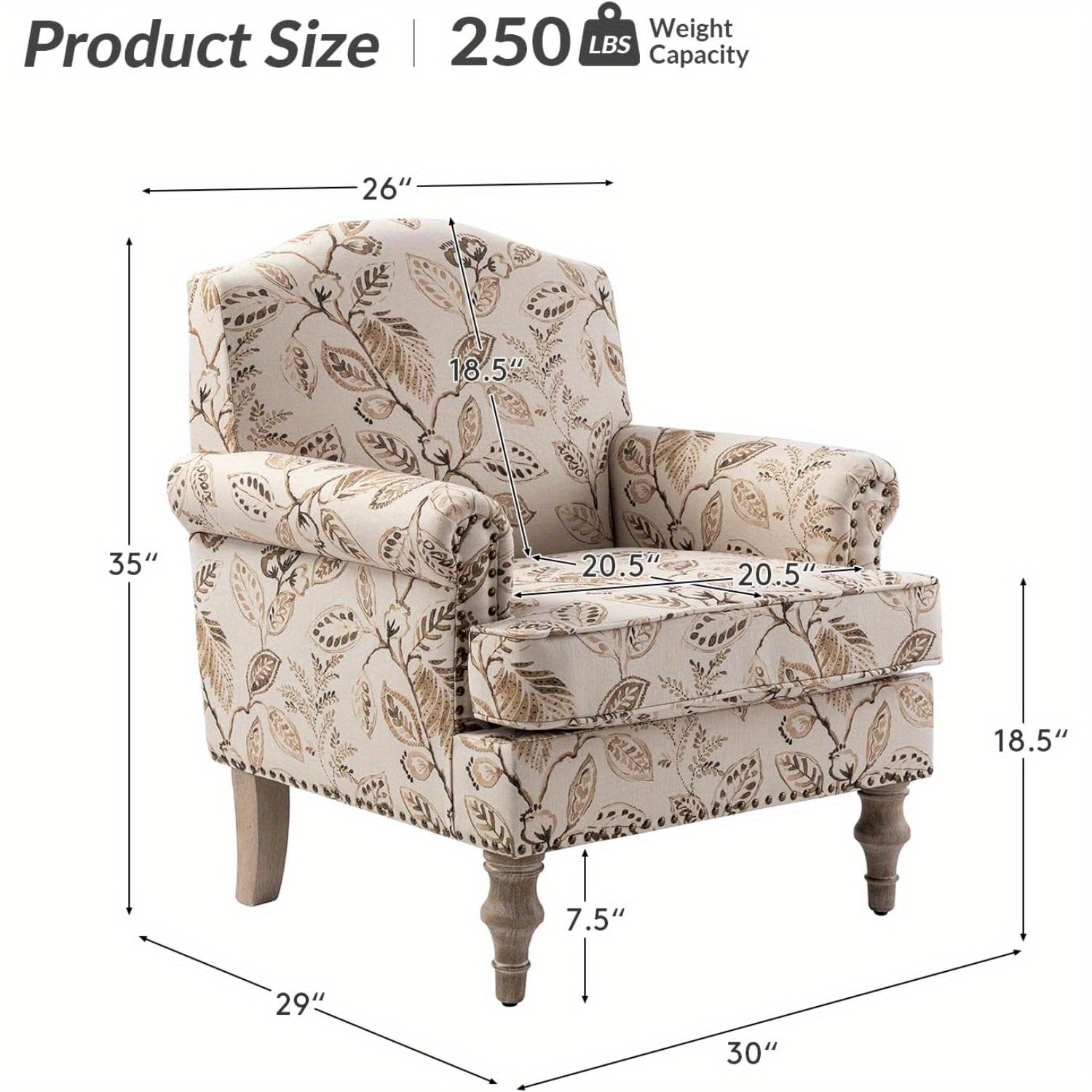 Accent Armchair with Print Floral Pattern, Comfy Upholstered Living Room Accent Chair with Retro Wooden Legs & Nailhead Trim, Fabric Sofa Chair Reading Chair for Office Bedroom, Floral Gingen