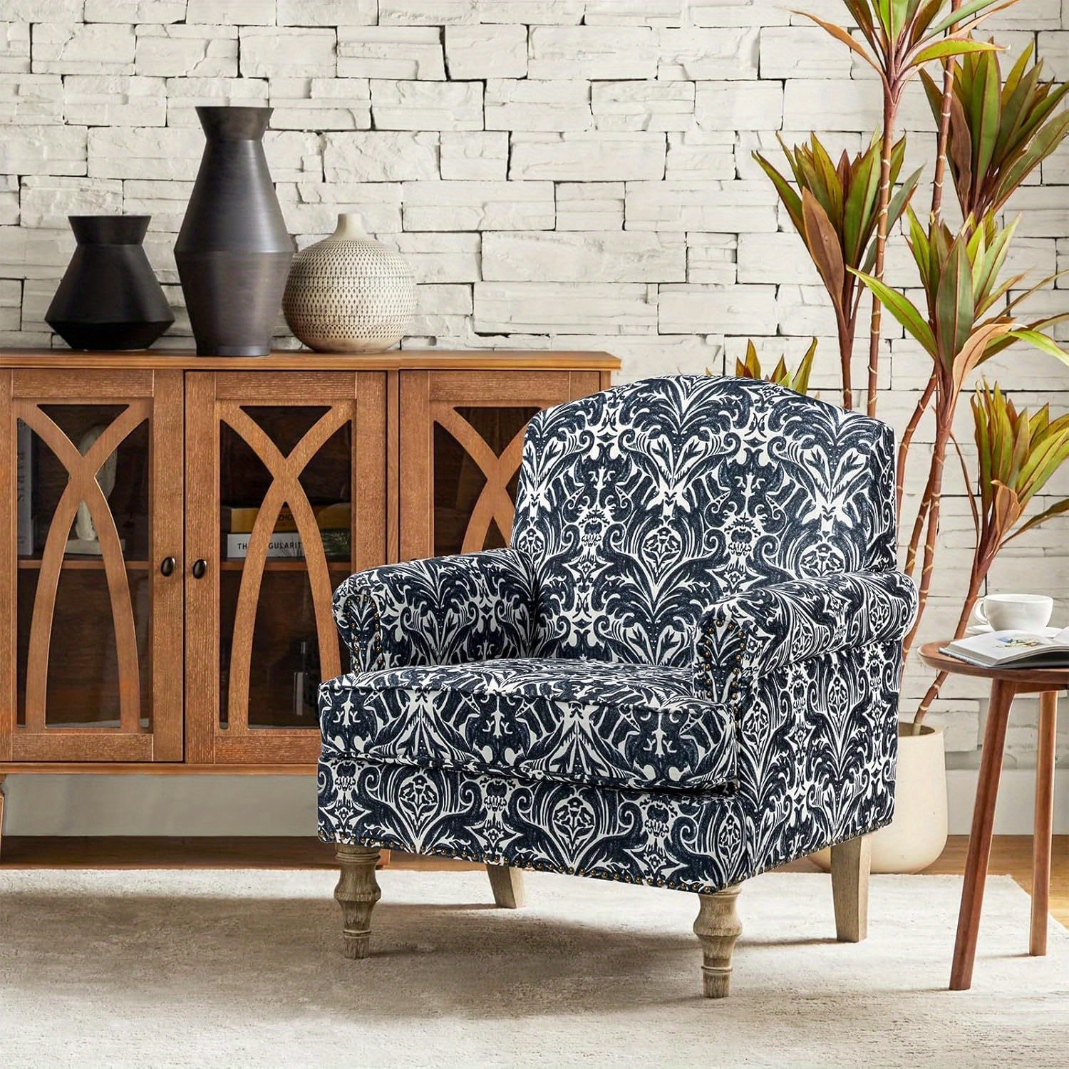 Accent Armchair with Print Floral Pattern, Comfy Upholstered Living Room Accent Chair with Retro Wooden Legs & Nailhead Trim, Fabric Sofa Chair Reading Chair for Office Bedroom, Floral Gingen