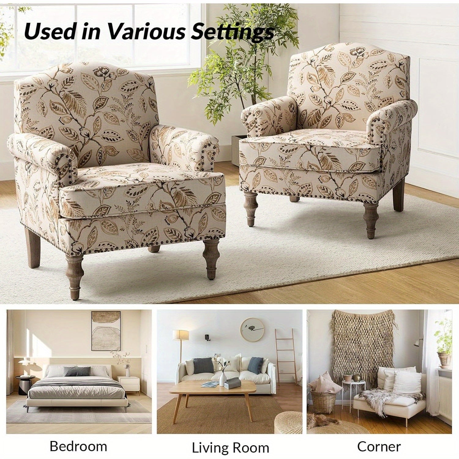 Accent Armchair with Print Floral Pattern, Comfy Upholstered Living Room Accent Chair with Retro Wooden Legs & Nailhead Trim, Fabric Sofa Chair Reading Chair for Office Bedroom, Floral Gingen