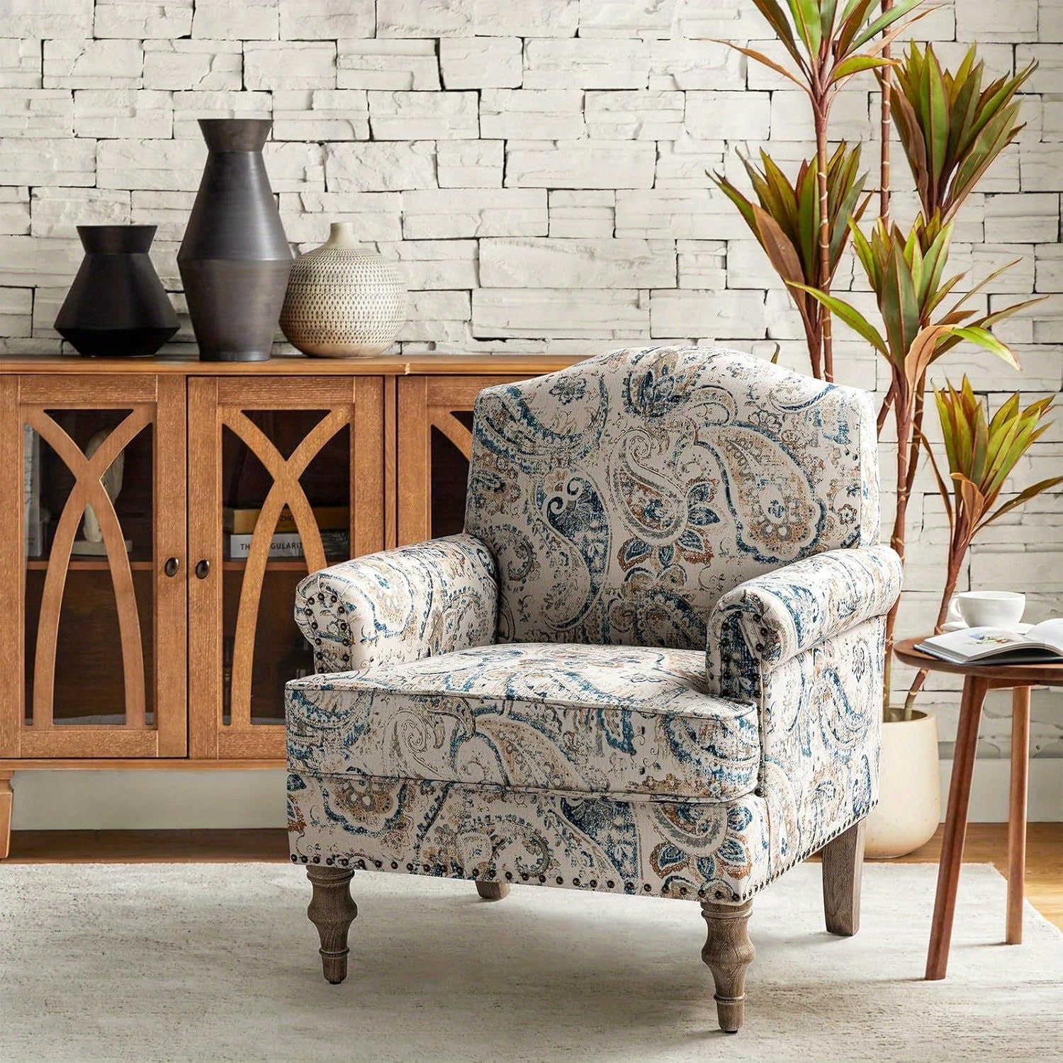 Accent Armchair with Print Floral Pattern, Comfy Upholstered Living Room Accent Chair with Retro Wooden Legs & Nailhead Trim, Fabric Sofa Chair Reading Chair for Office Bedroom, Floral Gingen