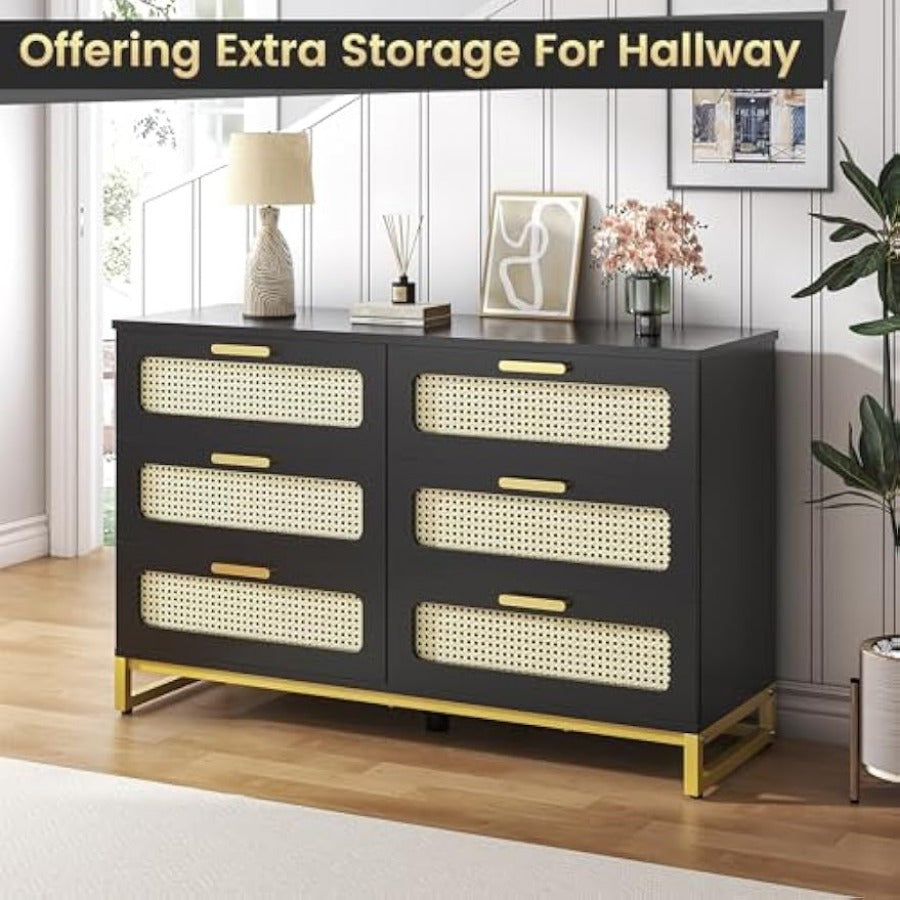 Rattan Dresser, 6 Drawer Dresser for Bedroom with Sturdy Metal Frame & Golden Handles, Black Dresser for Living Room, Dressing Room, Closet, Hallway, Feet Adjustable