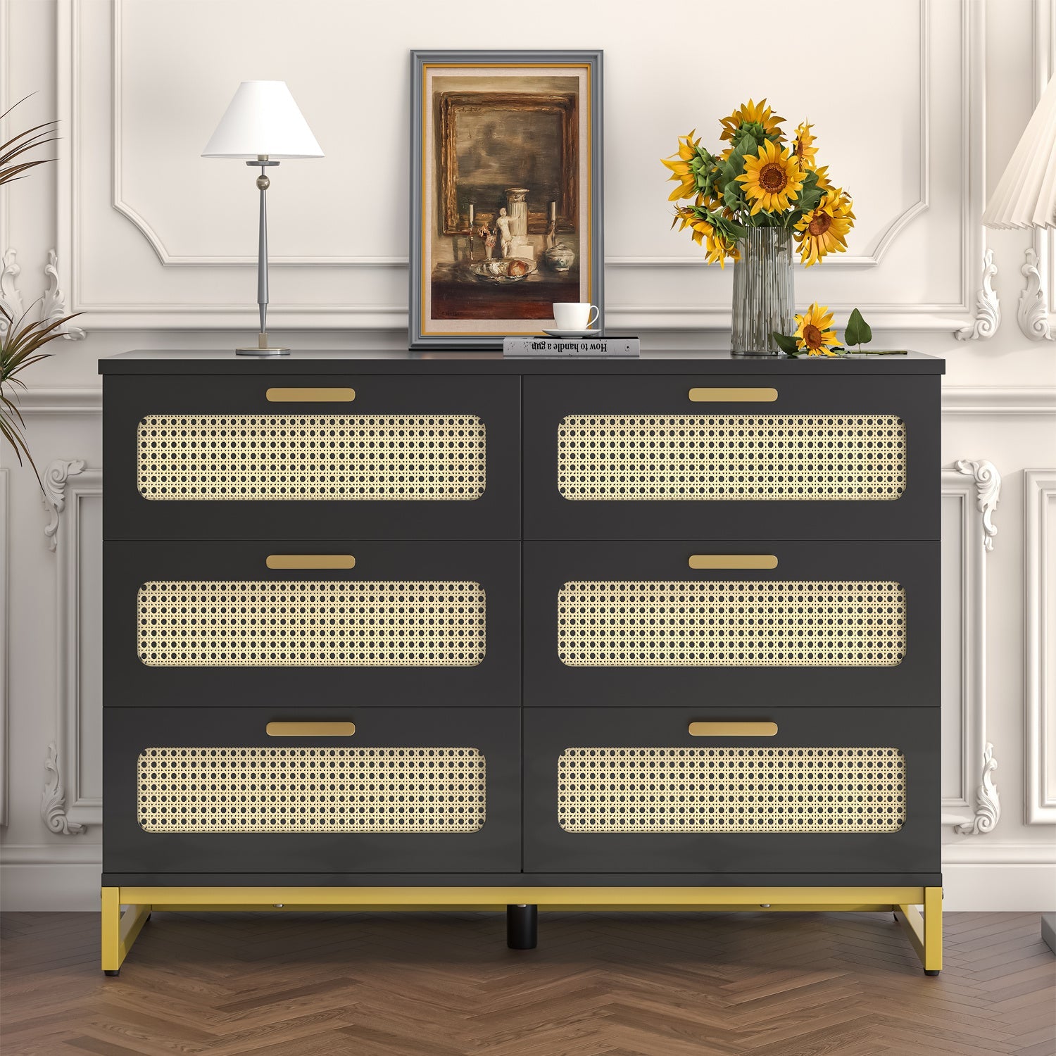 Rattan Dresser, 6 Drawer Dresser for Bedroom with Sturdy Metal Frame & Golden Handles, Black Dresser for Living Room, Dressing Room, Closet, Hallway, Feet Adjustable