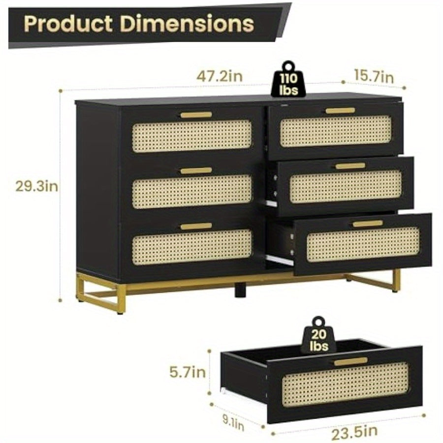 Rattan Dresser, 6 Drawer Dresser for Bedroom with Sturdy Metal Frame & Golden Handles, Black Dresser for Living Room, Dressing Room, Closet, Hallway, Feet Adjustable