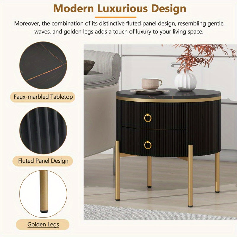 19.6'' Easy Assembly Round End Table with Storage Drawers, Fluted Nightstand with High Gloss Faux Marble Tabletop, Modern Coffee Table with Metal Legs and Handles for Living Room