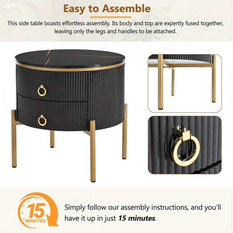 19.6'' Easy Assembly Round End Table with Storage Drawers, Fluted Nightstand with High Gloss Faux Marble Tabletop, Modern Coffee Table with Metal Legs and Handles for Living Room