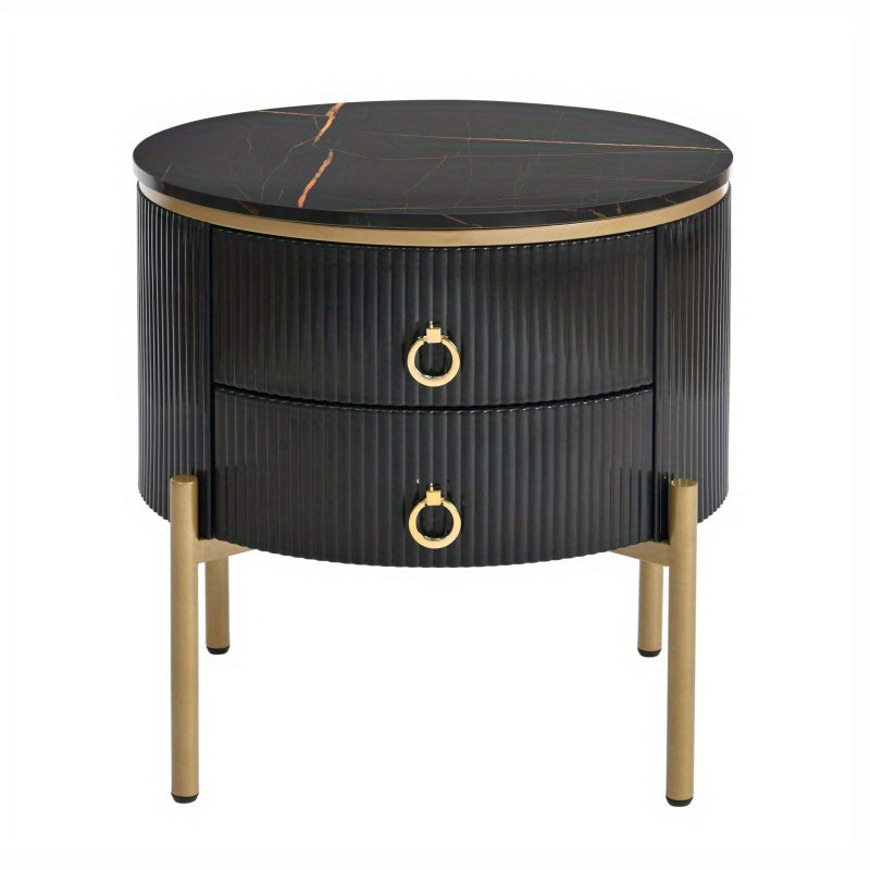 19.6'' Easy Assembly Round End Table with Storage Drawers, Fluted Nightstand with High Gloss Faux Marble Tabletop, Modern Coffee Table with Metal Legs and Handles for Living Room