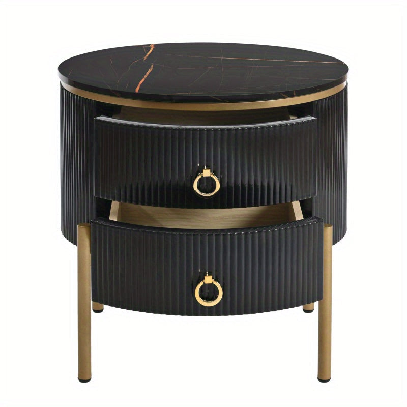 19.6'' Easy Assembly Round End Table with Storage Drawers, Fluted Nightstand with High Gloss Faux Marble Tabletop, Modern Coffee Table with Metal Legs and Handles for Living Room